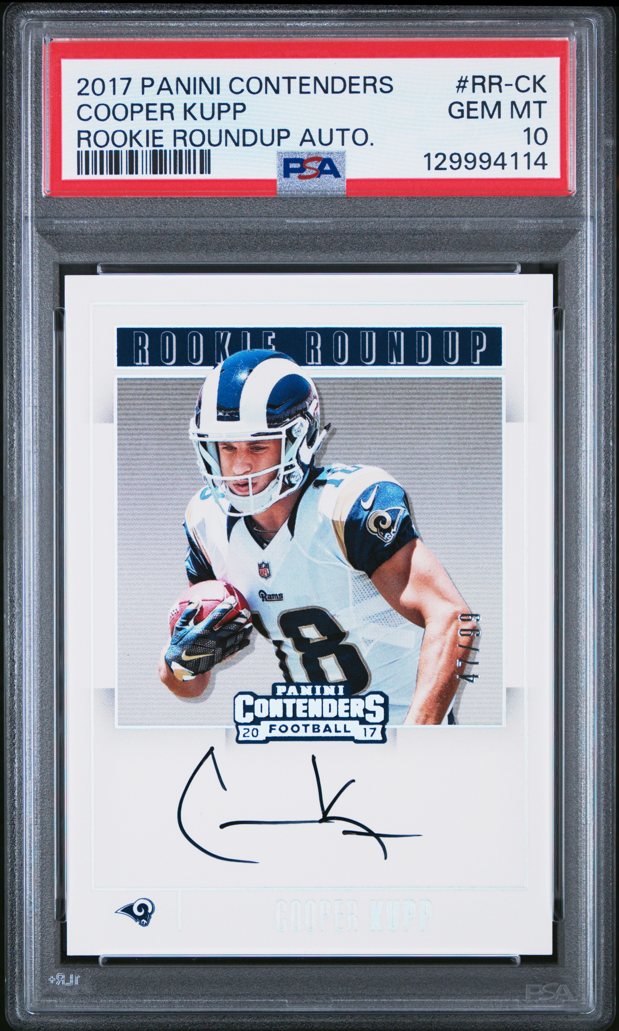 Cooper Kupp 2017 Panini Contenders Rookie Roundup Auto Football Signed Rookie Card #RR-CK Graded PSA 10 Cert #129994114 /99