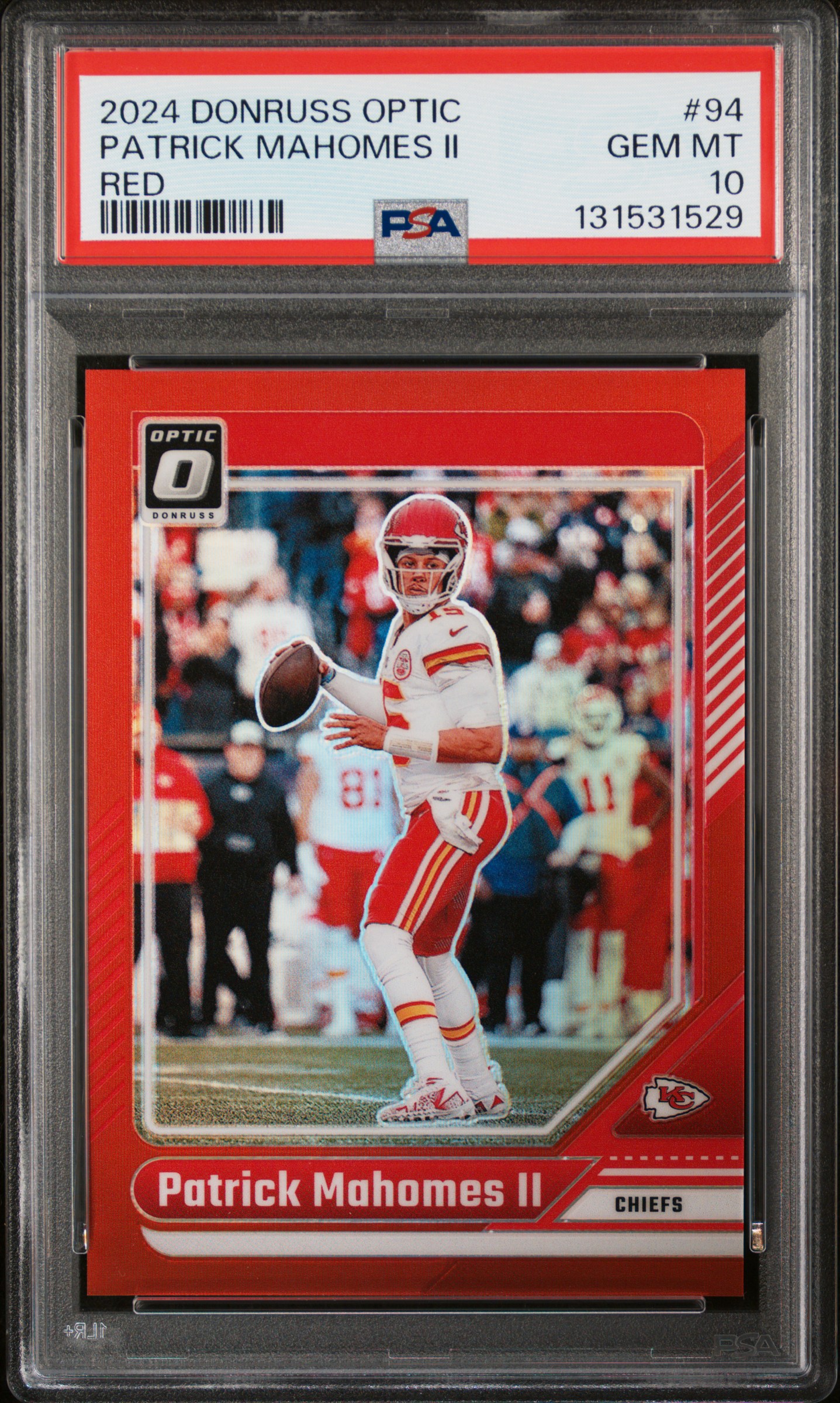 Patrick Mahomes II 2024 Donruss Optic Red Kansas City Chiefs Football Card #94 Serial 24/125 Graded PSA 10 Cert #131531529 Patrick Mahomes II 2024 Donruss Optic Red Kansas City Chiefs Football Card #94 Serial 24/125 Graded PSA 10 Cert #131531529