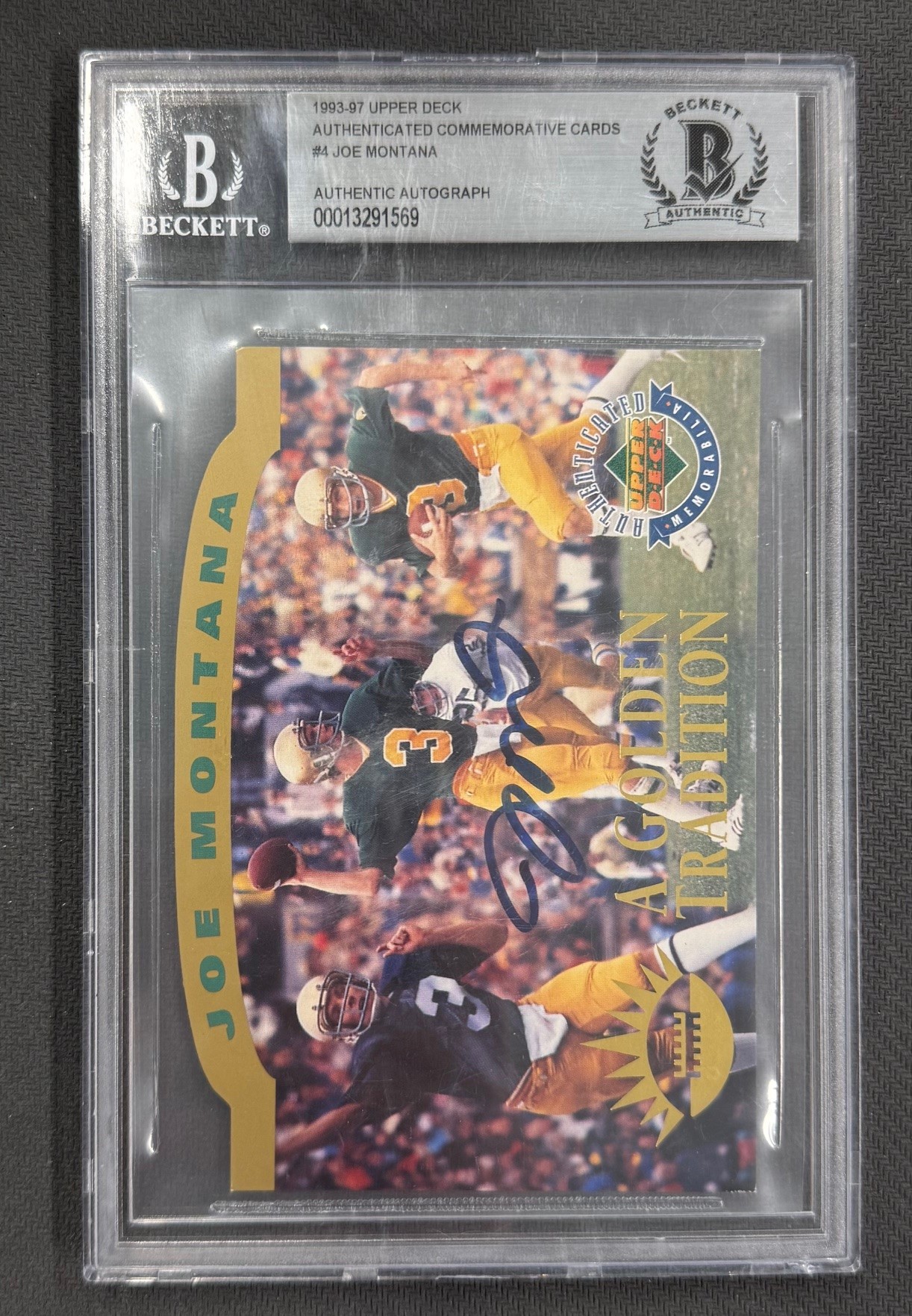 Joe Montana 1993 Upper Deck Authenticated Commemorative Signed Football Card #4 Beckett Authenticated Auto Cert #00013291569