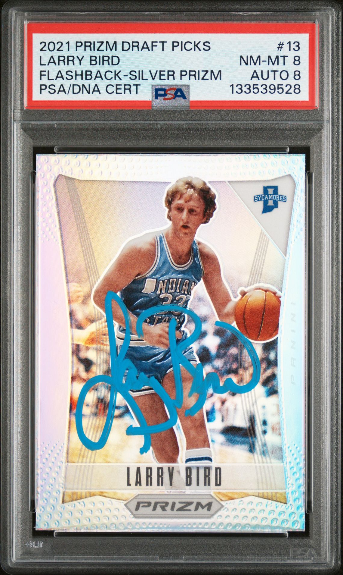 Larry Bird 2021 Panini Prizm Draft Picks Flashback Silver Prizm Signed Basketball Card #13 Graded PSA 8 Auto 8 Cert #133539528 Larry Bird 2021 Panini Prizm Draft Picks Flashback Silver Prizm Signed Basketball Card #13 Graded PSA 8 Auto 8 Cert #133539528