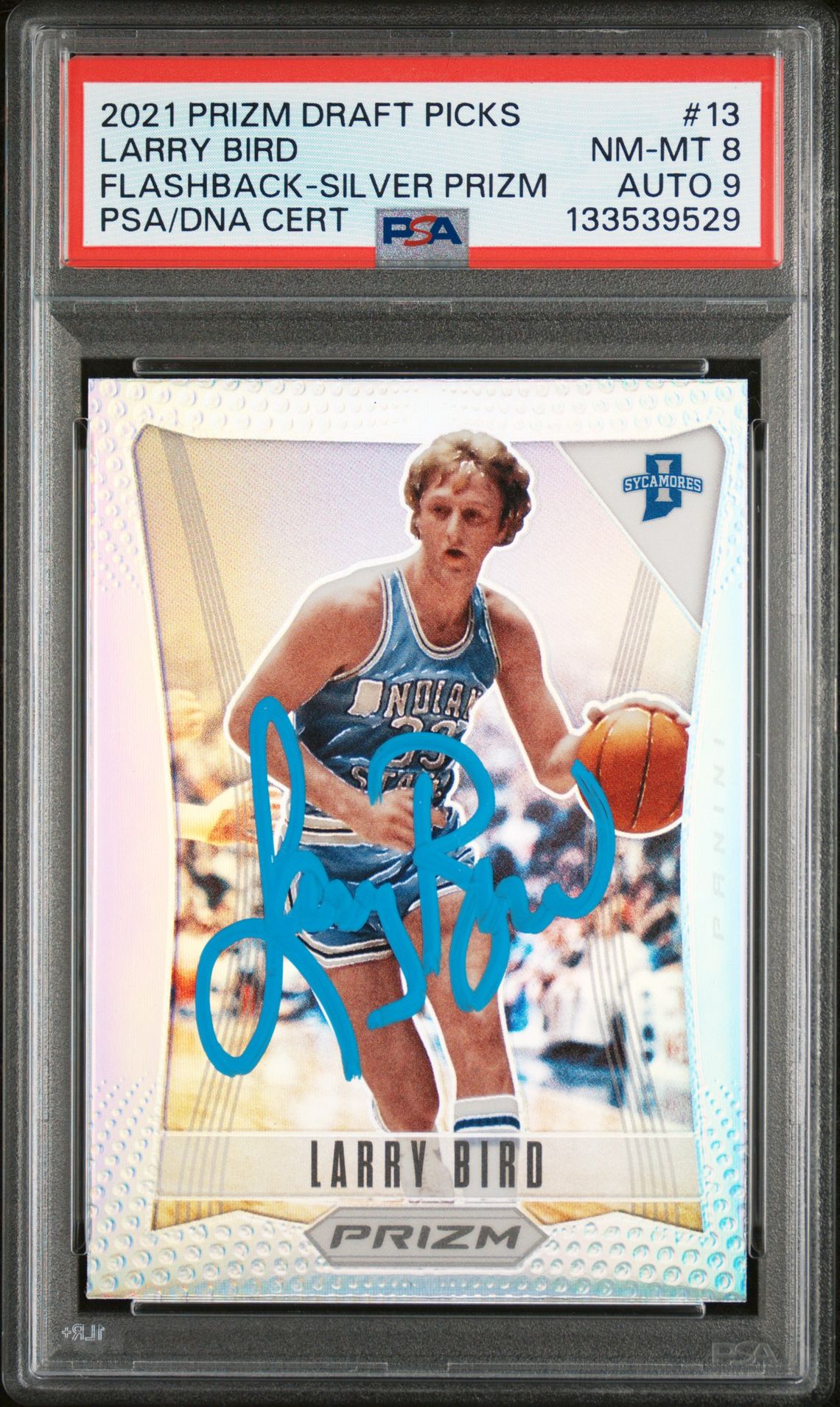Larry Bird 2021 Panini Prizm Draft Picks Flashback Silver Prizm Signed Basketball Card #13 Graded PSA 8 Auto 9 Cert #133539529 Larry Bird 2021 Panini Prizm Draft Picks Flashback Silver Prizm Signed Basketball Card #13 Graded PSA 8 Auto 9 Cert #133539529