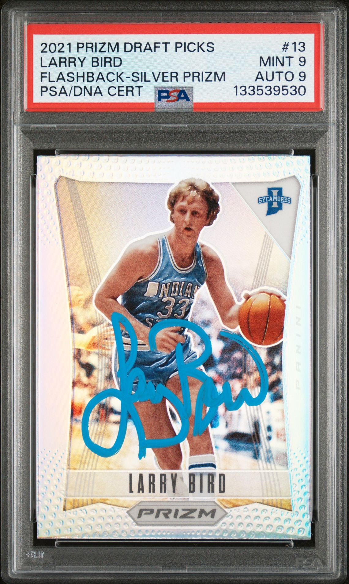 Larry Bird 2021 Panini Prizm Draft Picks Flashback Silver Prizm Signed Basketball Card #13 Graded PSA 9 Auto 9 Cert #133539530 Larry Bird 2021 Panini Prizm Draft Picks Flashback Silver Prizm Signed Basketball Card #13 Graded PSA 9 Auto 9 Cert #133539530
