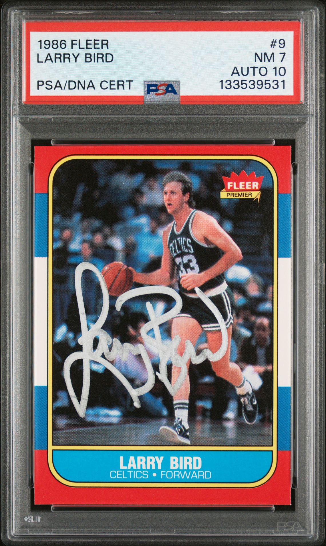 Larry Bird 1986 Fleer Signed Basketball Card #9 Graded PSA 7 Auto 10 Cert #133539531