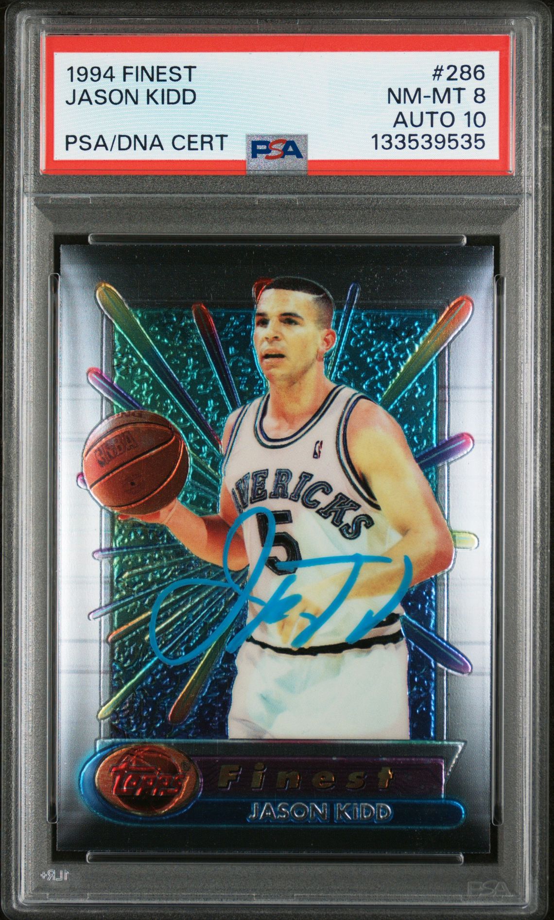 Jason Kidd 1994 Topps Finest Signed Basketball Rookie Card #286 Graded PSA 8 Auto 10 Cert #133539535