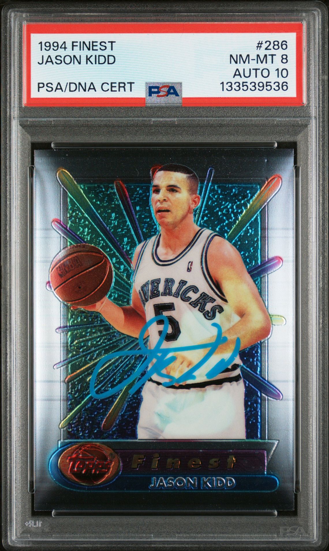 Jason Kidd 1994 Topps Finest Signed Basketball Rookie Card #286 Graded PSA 8 Auto 10 Cert #133539536