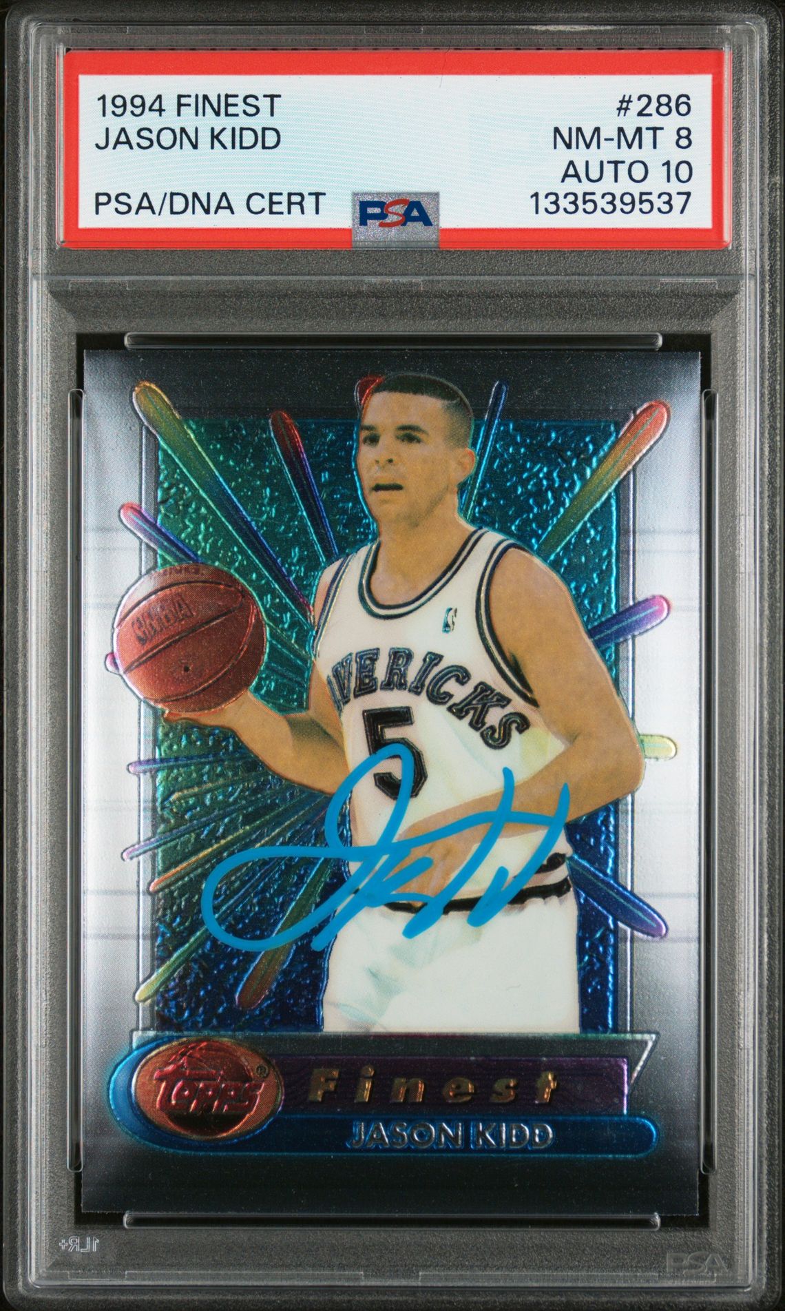 Jason Kidd 1994 Topps Finest Signed Basketball Rookie Card #286 Graded PSA 8 Auto 10 Cert #133539537