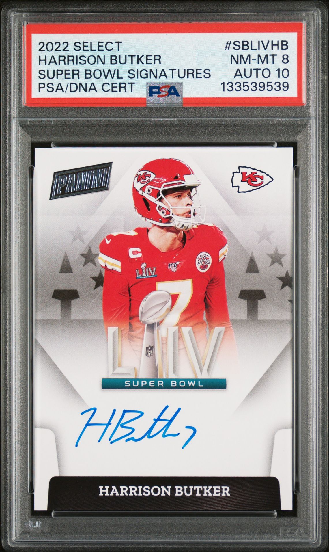 Harrison Butker 2022 Panini Select Super Bowl Signatures Signed Football Card #SBLIVHB Graded PSA 8 Auto 10 Cert #133539539