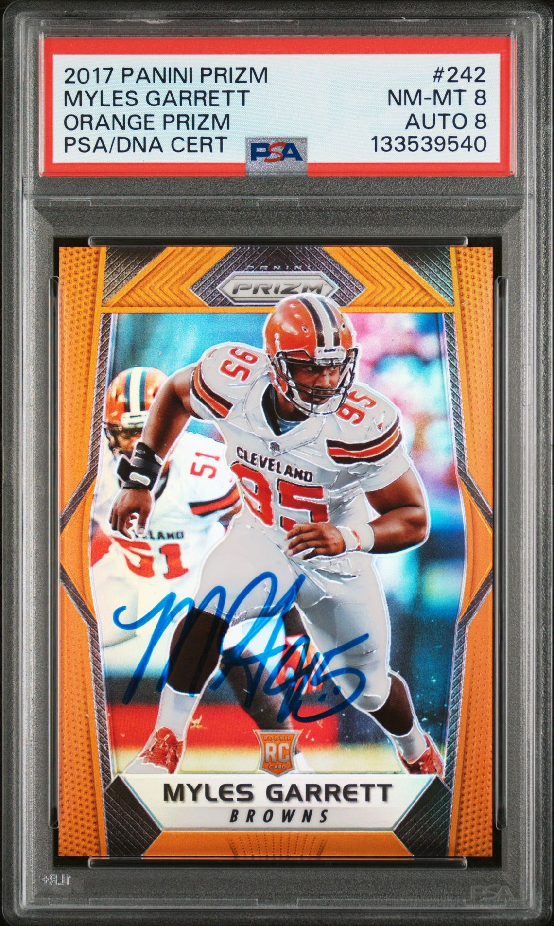 Myles Garrett 2017 Panini Prizm Orange Signed Football Rookie Card #242 Graded PSA 8 Auto 8 166/275 Cert #133539540