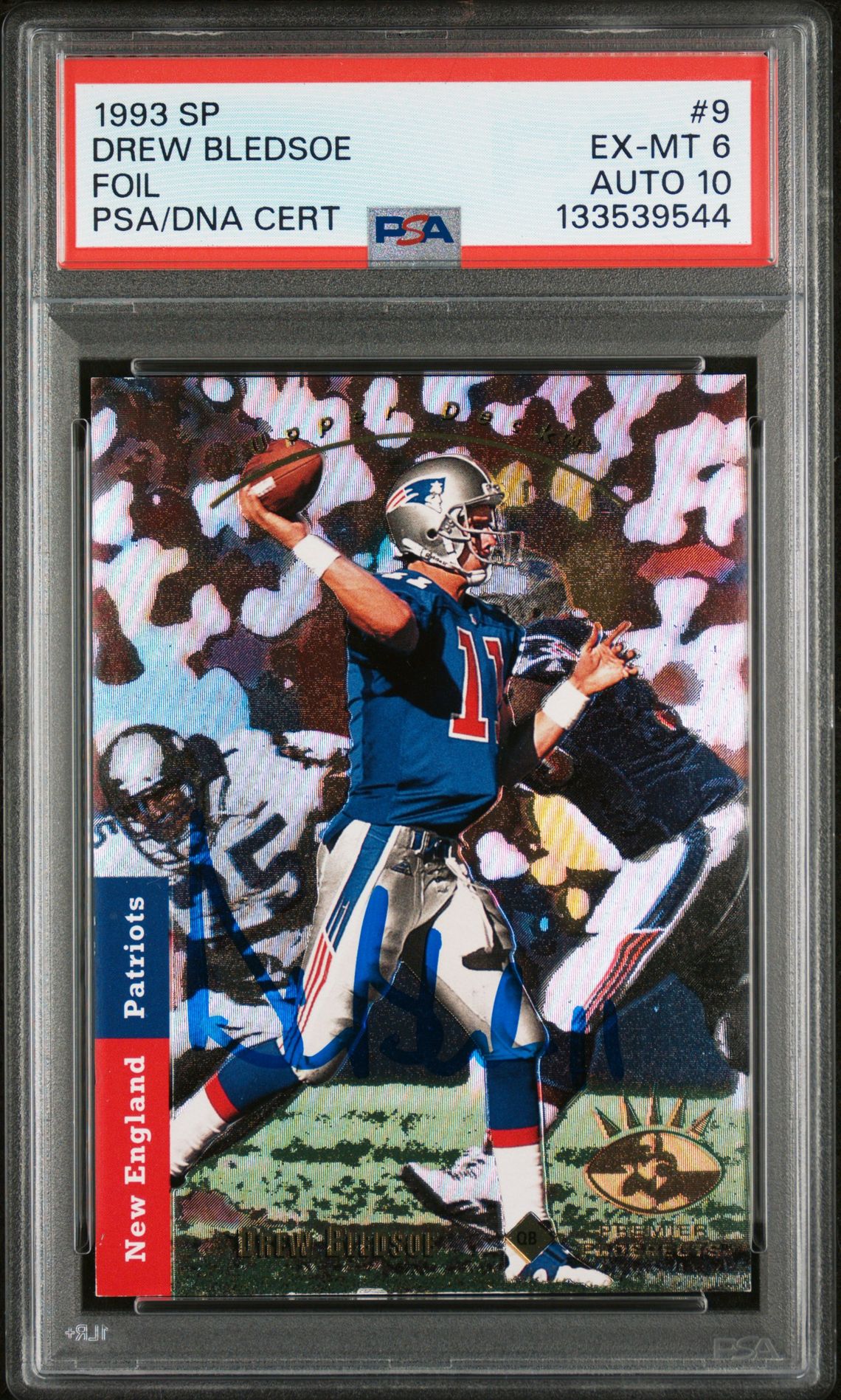 Drew Bledsoe 1993 SP Foil Signed Football Rookie Card #9 Graded PSA 6 Auto 10 Cert #133539544