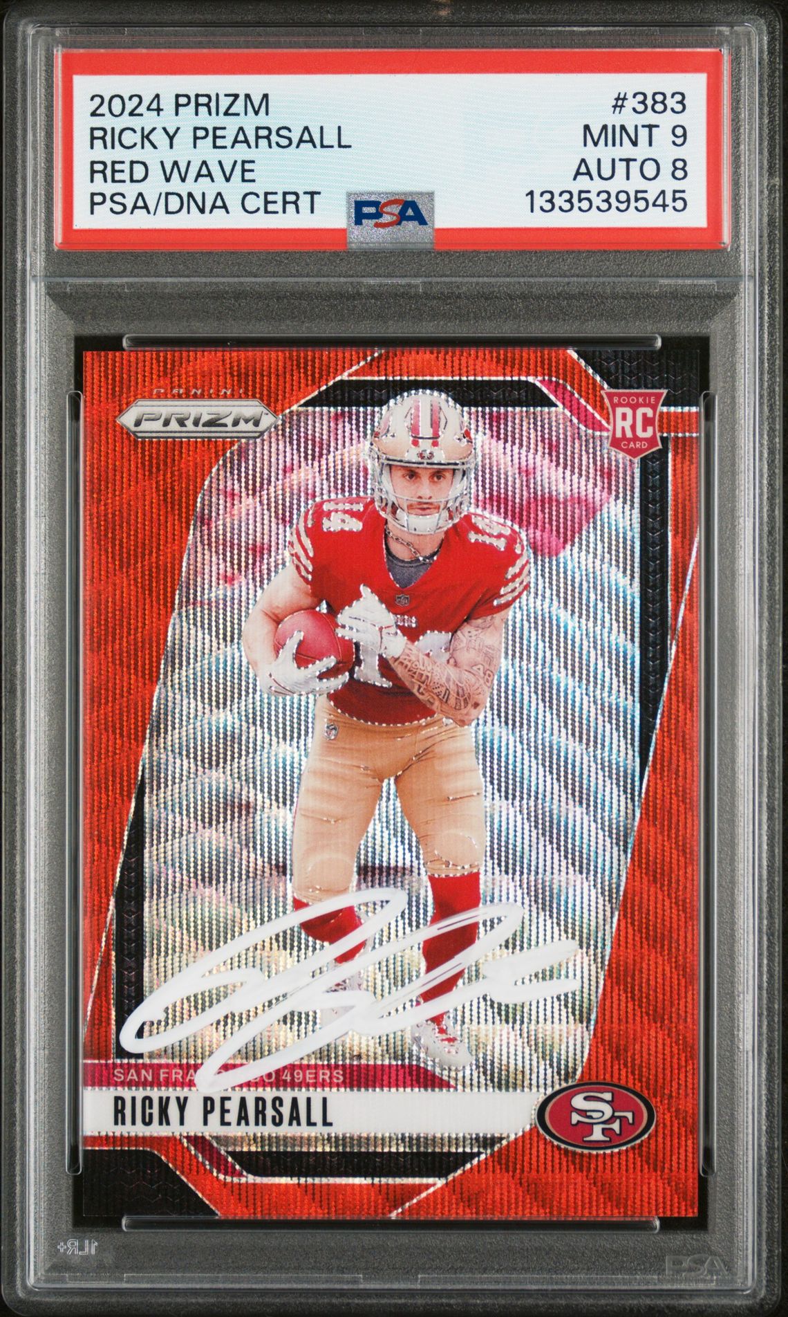 Ricky Pearsall 2024 Panini Prizm Red Wave Signed Football Rookie Card #383 Graded PSA 9 Auto 8 46/149 Cert #133539545
