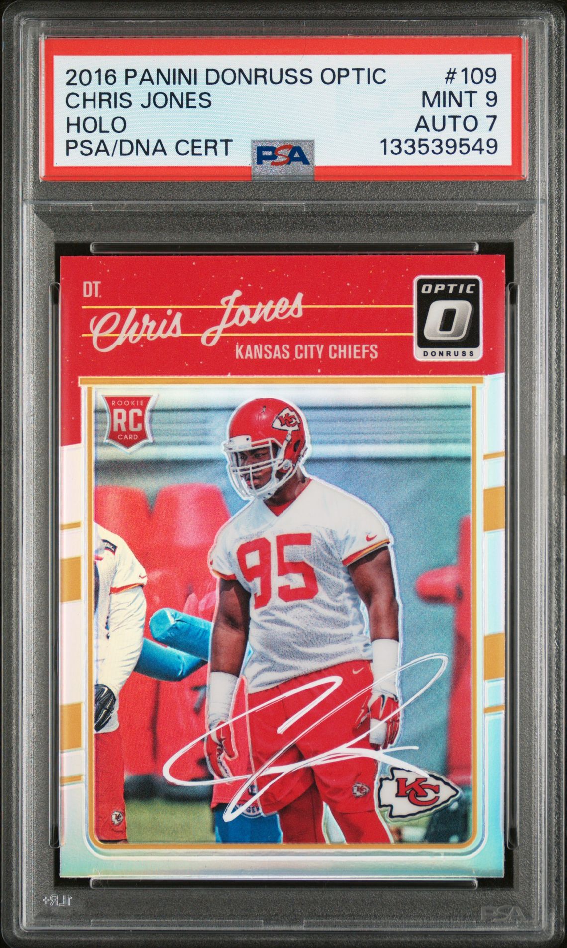 Chris Jones 2016 Panini Donruss Optic Holo Signed Football Rookie Card #109 Graded PSA 9 Auto 7 Cert #133539549