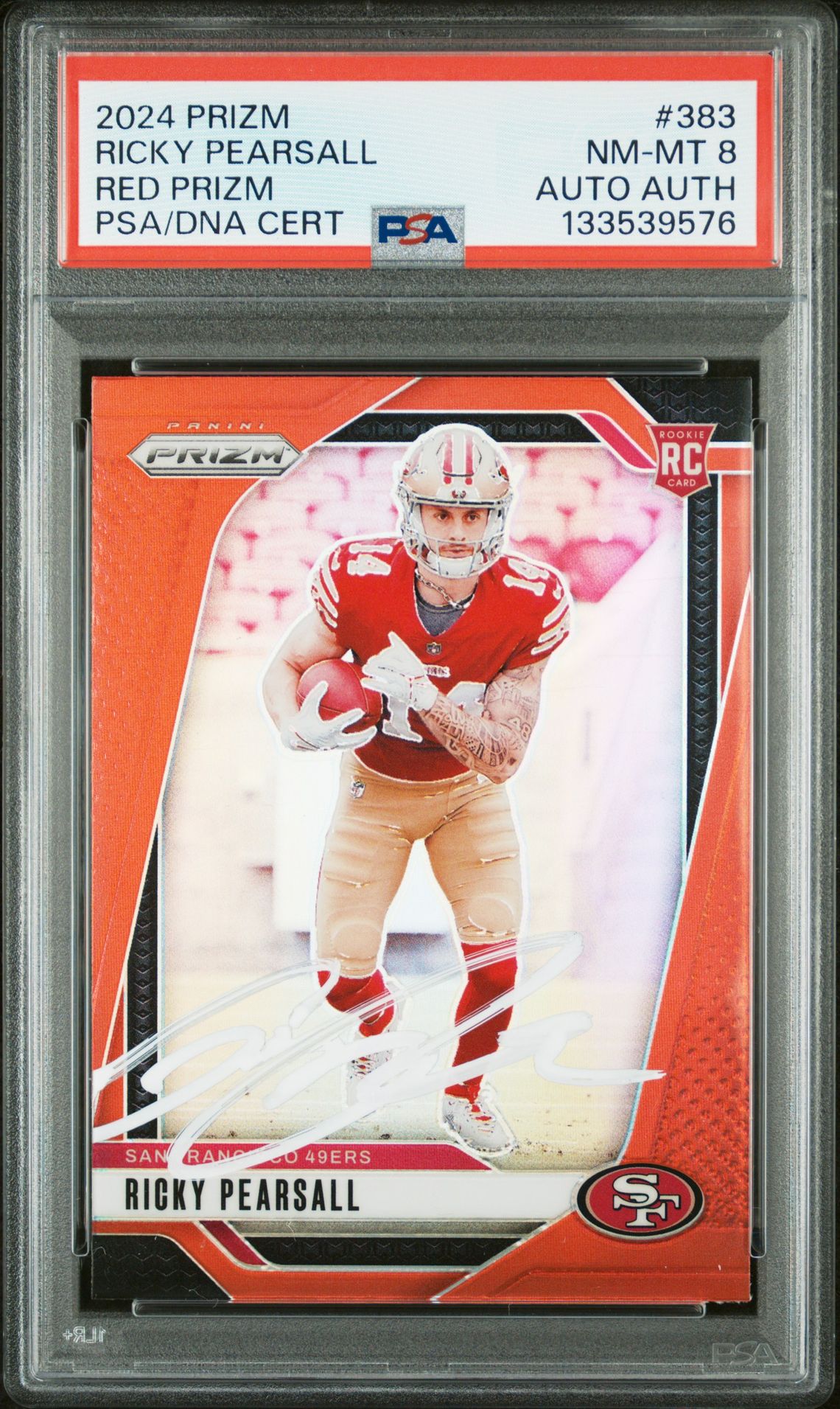Ricky Pearsall 2024 Panini Prizm Red Signed Football Rookie Card #383 Graded PSA 8 Auto Auth Cert #133539576