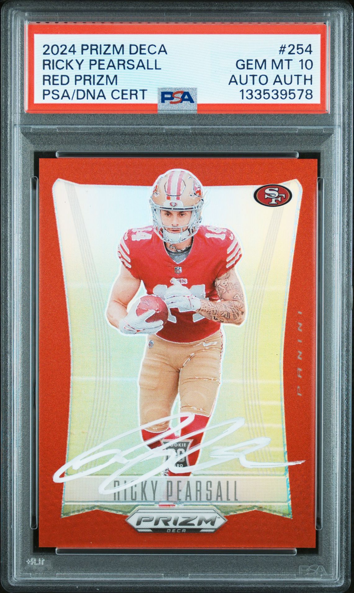 Ricky Pearsall 2024 Panini Prizm Deca Red Signed Football Rookie Card #254 Graded PSA 10 Auto Auth 53/199 Cert #133539578