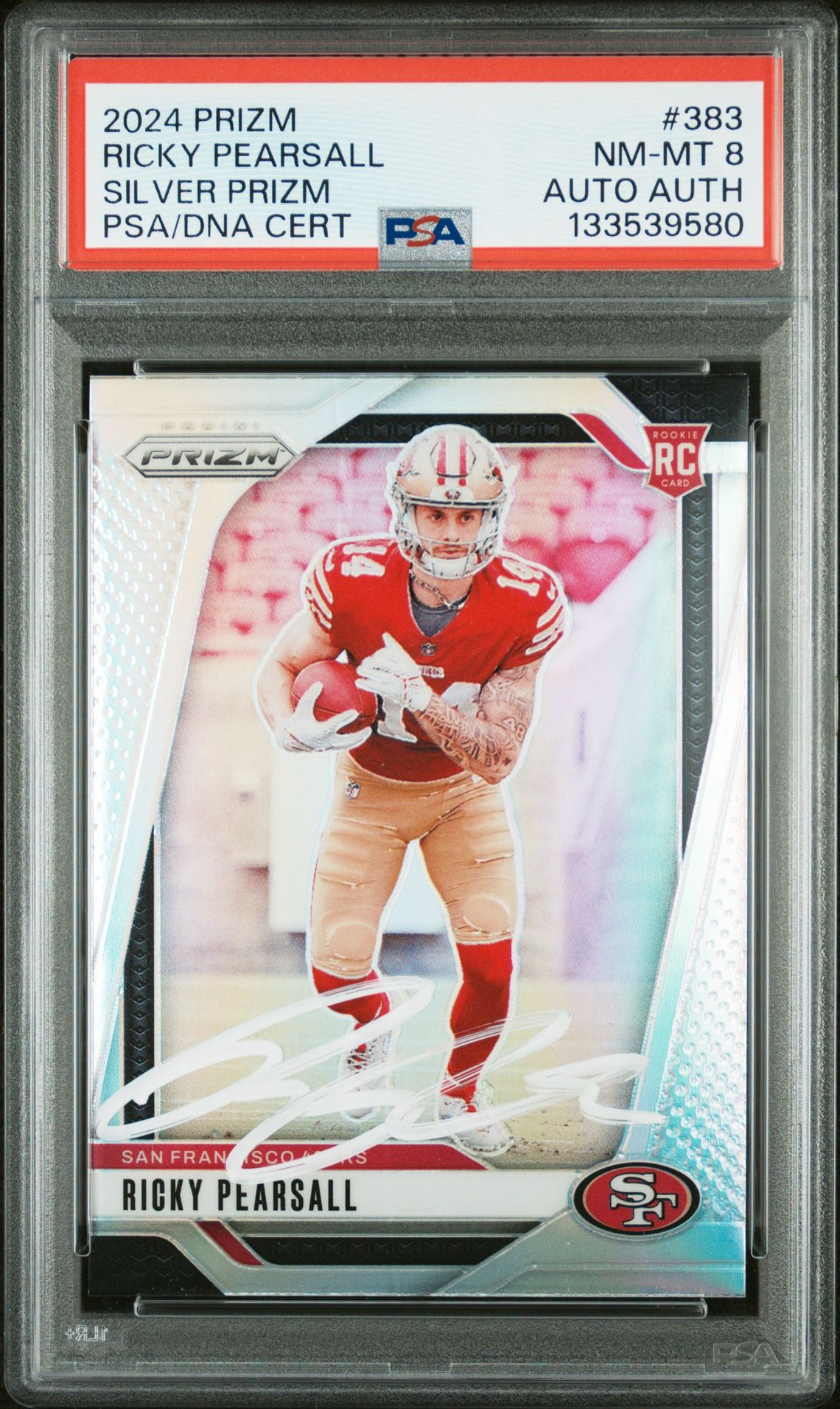Ricky Pearsall 2024 Panini Prizm Silver Signed Football Rookie Card #383 Graded PSA 8 Auto Auth Cert #133539580 Ricky Pearsall 2024 Panini Prizm Silver Signed Football Rookie Card #383 Graded PSA 8 Auto Auth Cert #133539580
