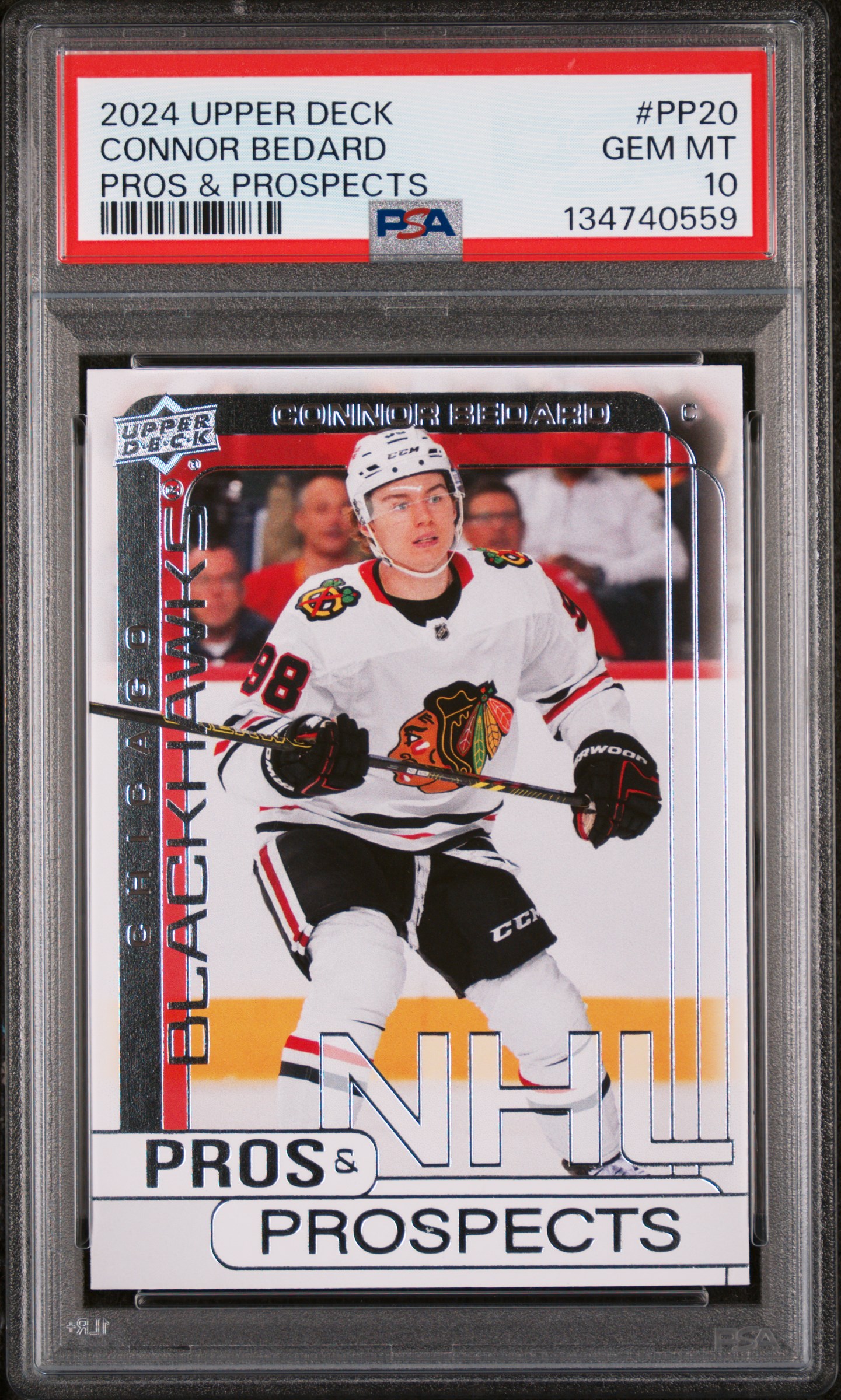 Connor Bedard 2024 Upper Deck Pros & Prospects Hockey Card #PP20 Graded PSA 10 Cert #134740559