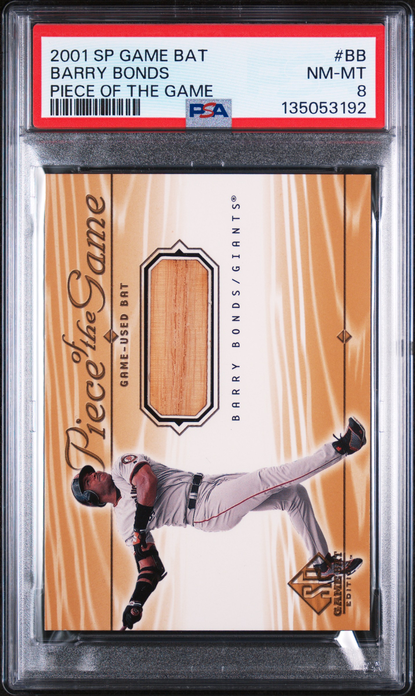 Barry Bonds 2001 SP Game Bat Piece Of The Game Game-Used Bat San Francisco Giants Baseball Card #BB Graded PSA 8 Cert #135053192