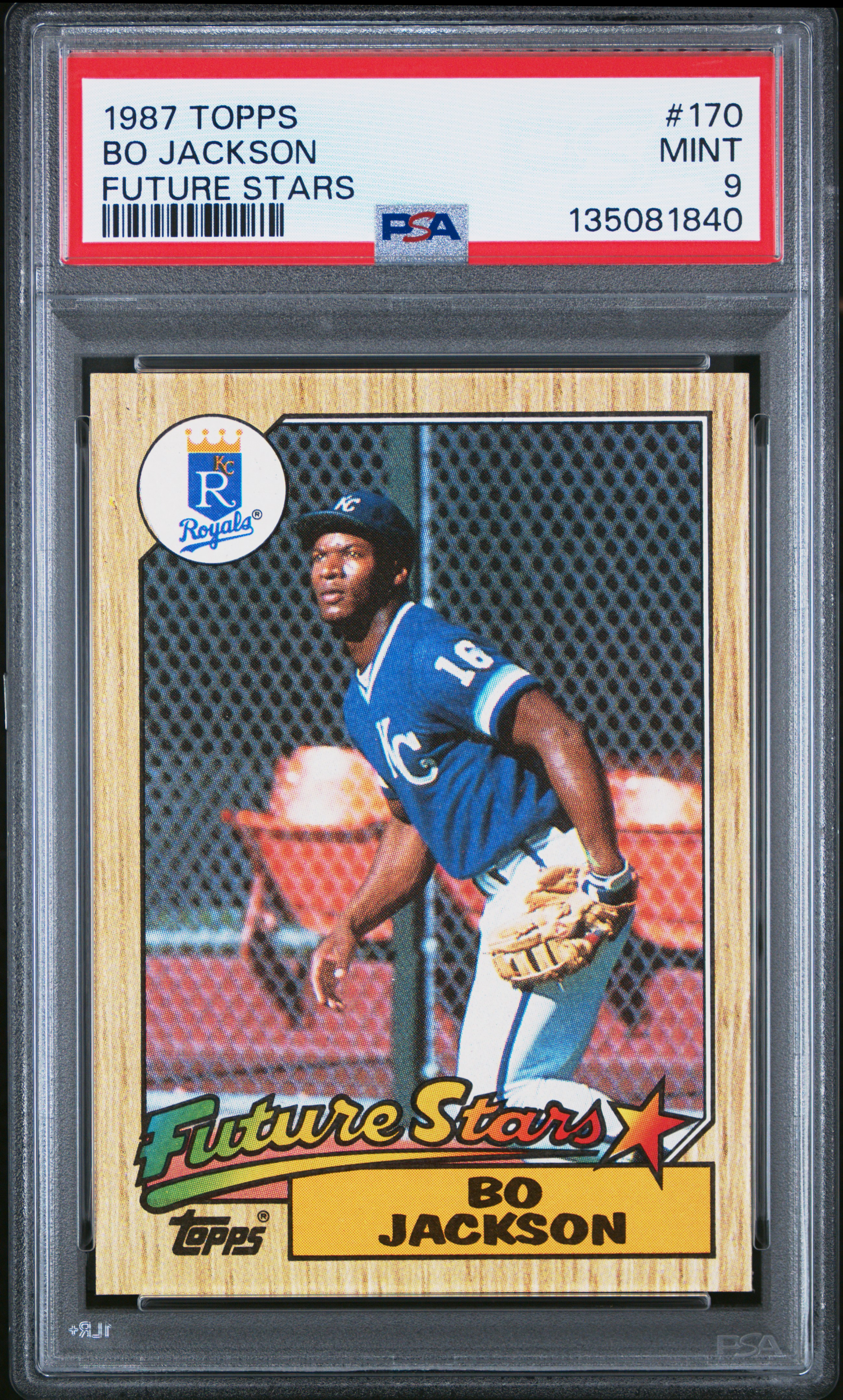 Bo Jackson 1987 Topps Future Stars Kansas City Royals Baseball RC Rookie Card #170 PSA 9 Cert #135081840 Bo Jackson 1987 Topps Future Stars Kansas City Royals Baseball RC Rookie Card #170 PSA 9 Cert #135081840