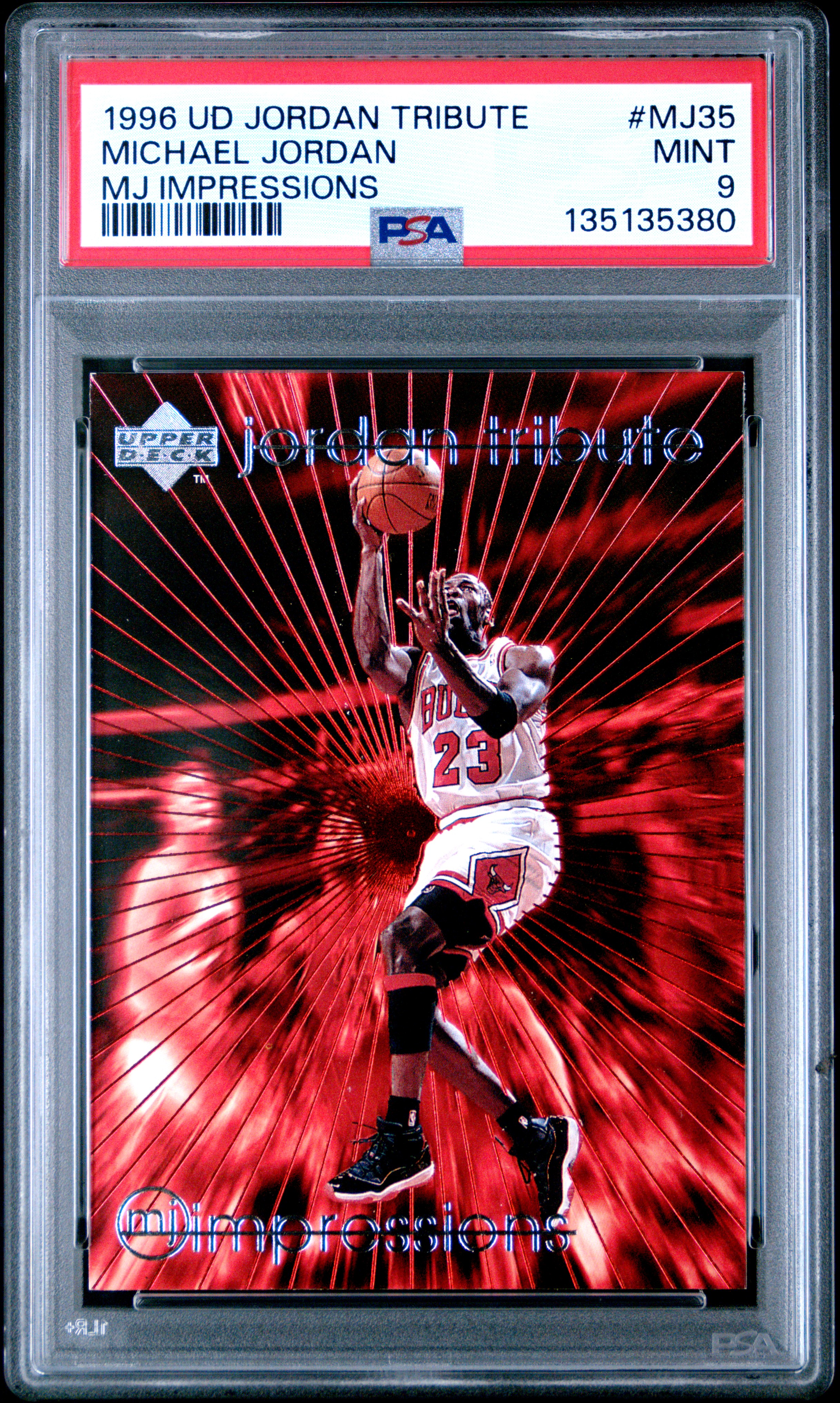 Michael Jordan 1996 Upper Deck Jordan Tribute MJ Impressions Chicago Bulls Basketball Card #MJ35 Graded PSA 9 Cert #135135380