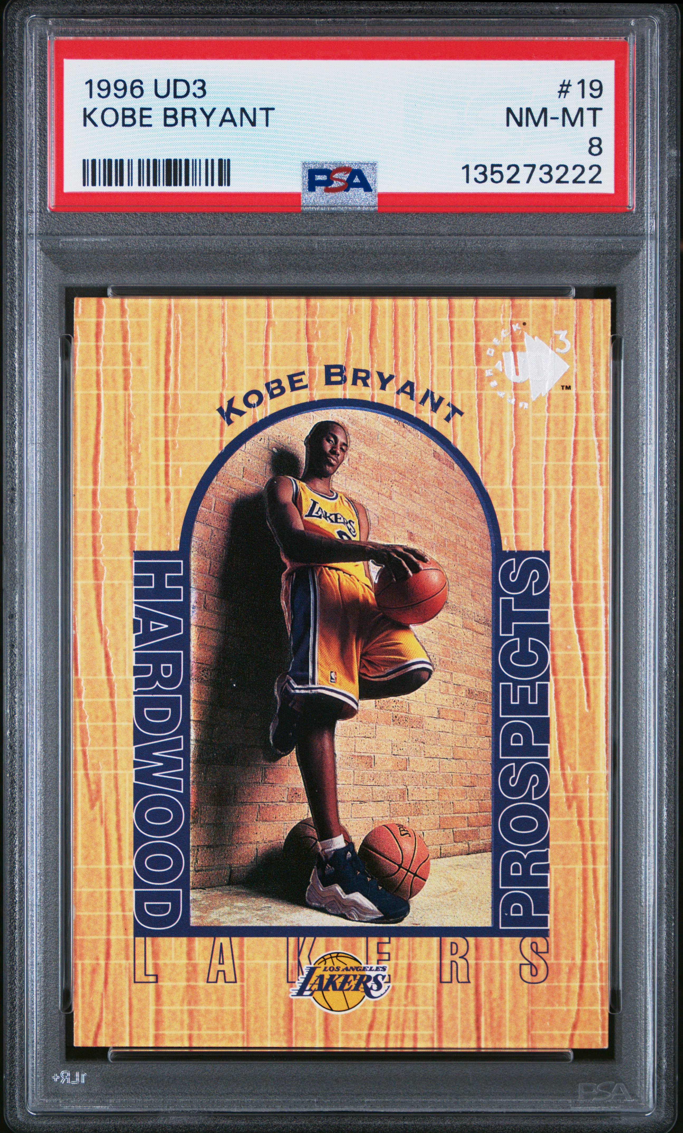 Kobe Bryant 1996 UD3 Hardwood Prospects Los Angeles Lakers Basketball RC Rookie Card #19 Graded PSA 8 Cert #135273222 Kobe Bryant 1996 UD3 Hardwood Prospects Los Angeles Lakers Basketball RC Rookie Card #19 Graded PSA 8 Cert #135273222