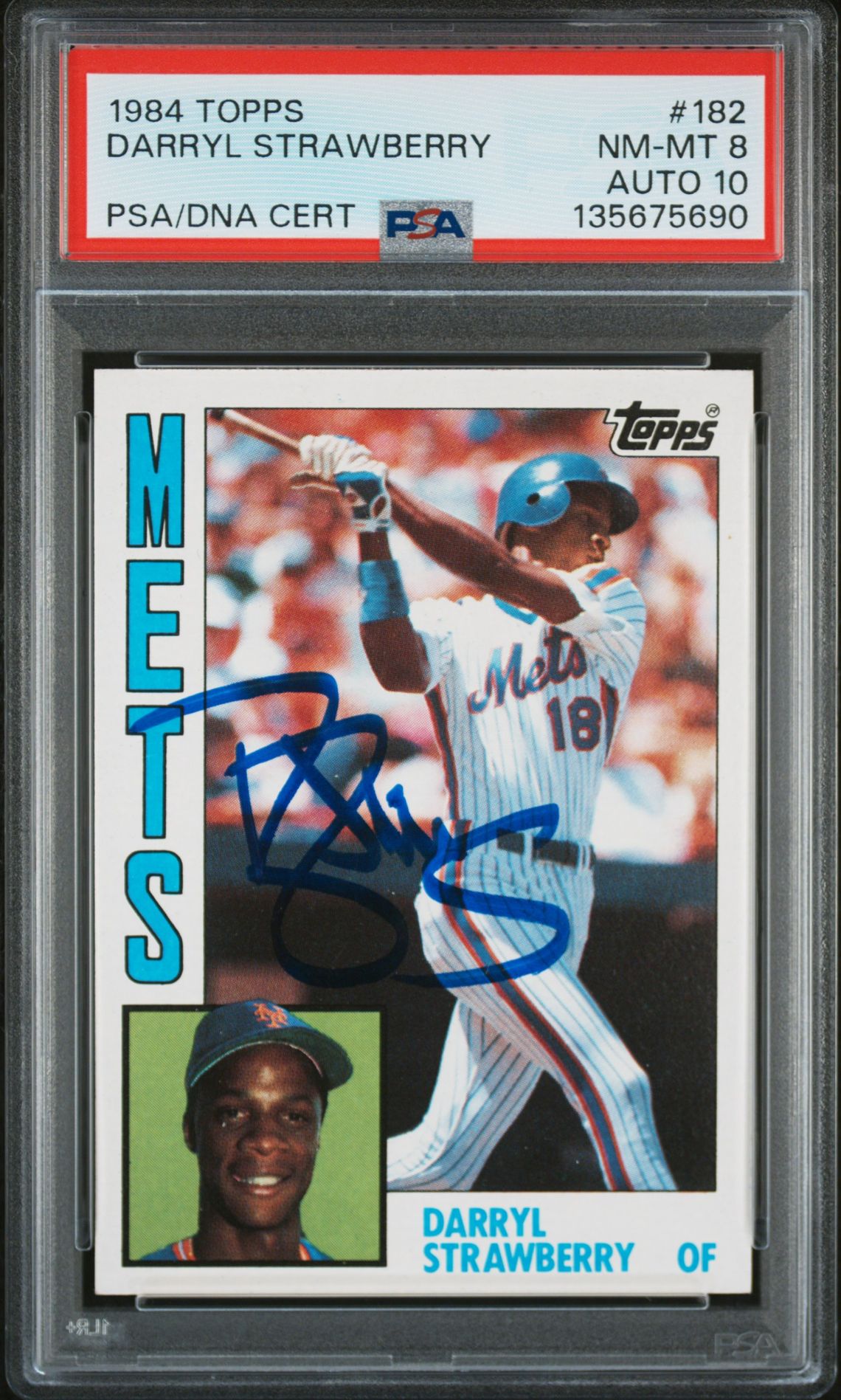 Darryl Strawberry 1984 Topps Signed Baseball Rookie Card #182 Graded PSA 8 Auto 10 Cert #135675690