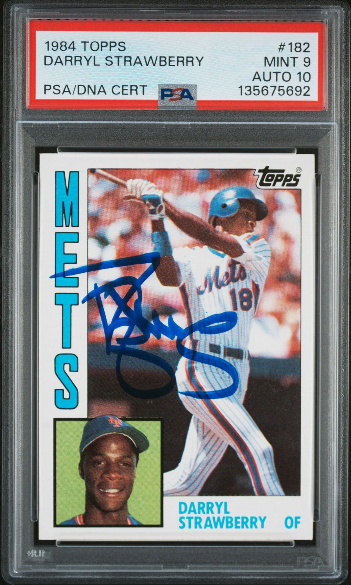 Darryl Strawberry 1984 Topps Signed Baseball Rookie Card #182 Graded PSA 9 Auto 10 Cert #135675692