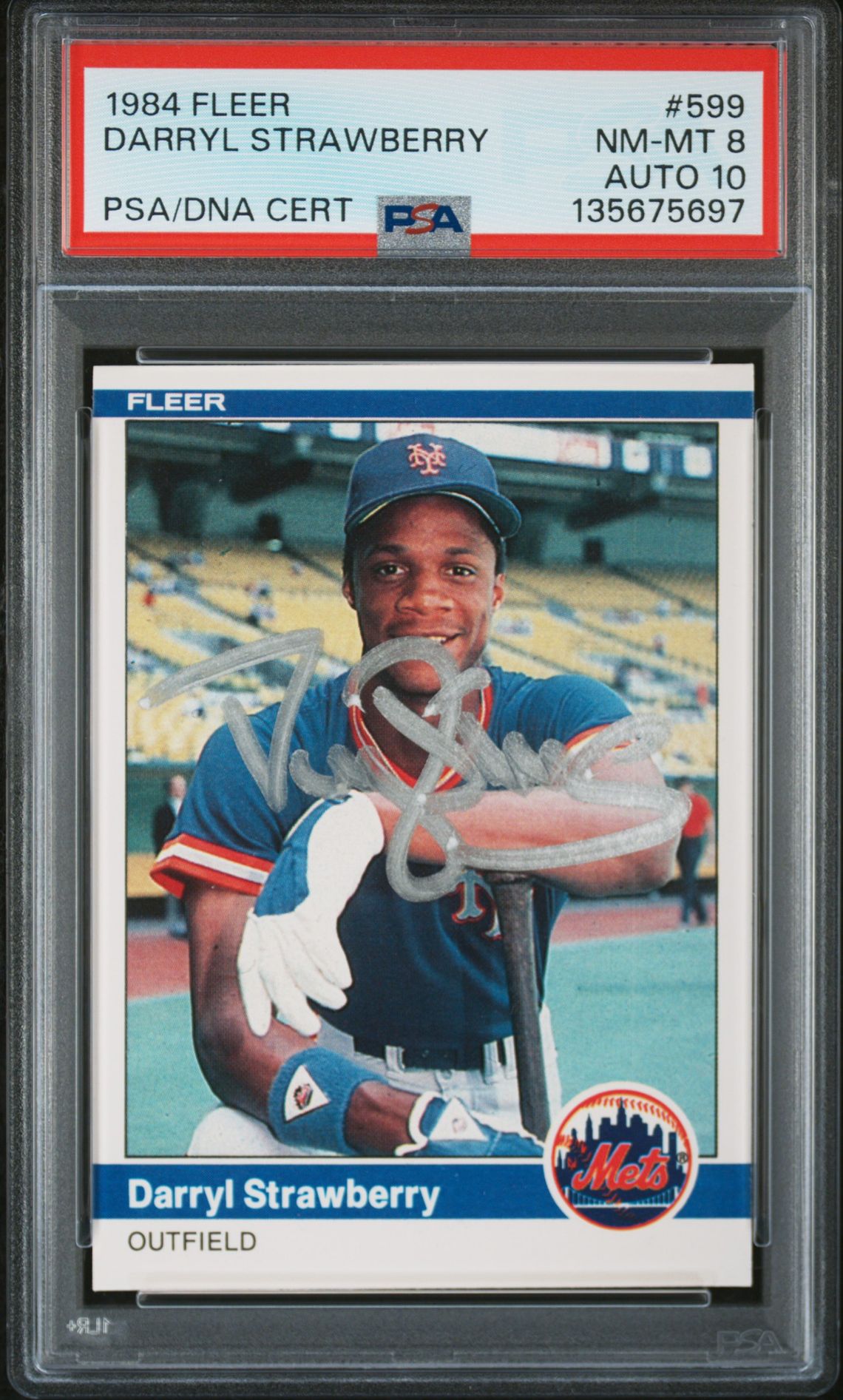 Darryl Strawberry 1984 Fleer Signed Baseball Rookie Card #599 Graded PSA 8 Auto 10 Cert #135675697