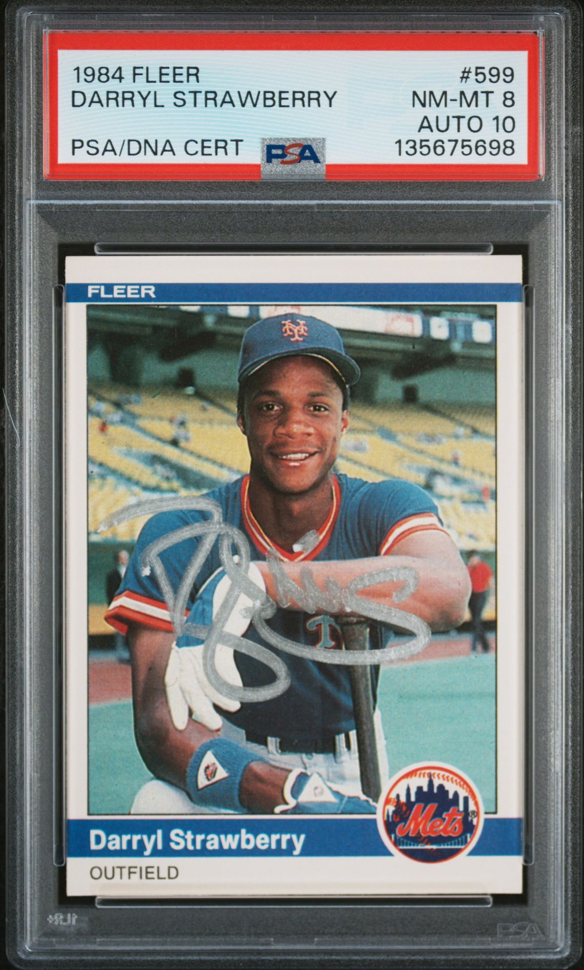 Darryl Strawberry 1984 Fleer Signed Baseball Rookie Card #599 Graded PSA 8 Auto 10 Cert #135675698