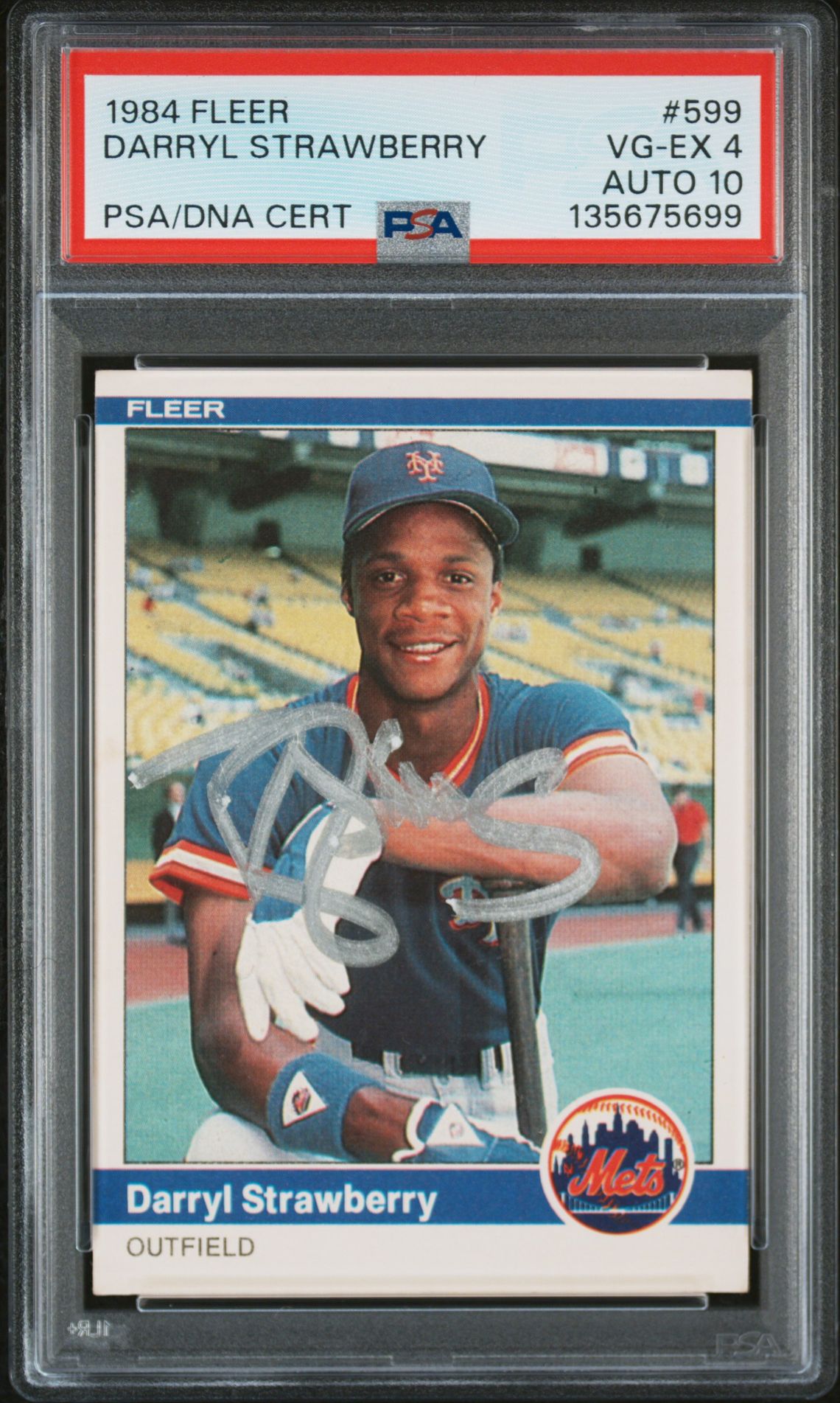 Darryl Strawberry 1984 Fleer Signed Baseball Rookie Card #599 Graded PSA 4 Auto 10 Cert #135675699