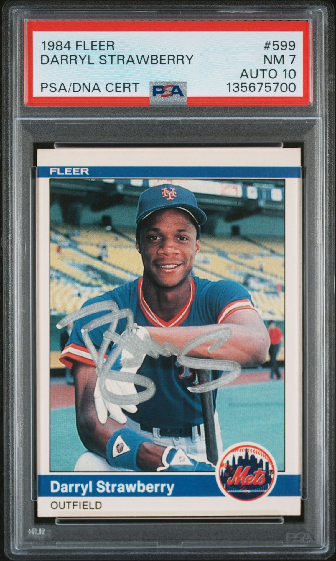 Darryl Strawberry 1984 Fleer Signed Baseball Rookie Card #599 Graded PSA 7 Auto 10 Cert #135675700