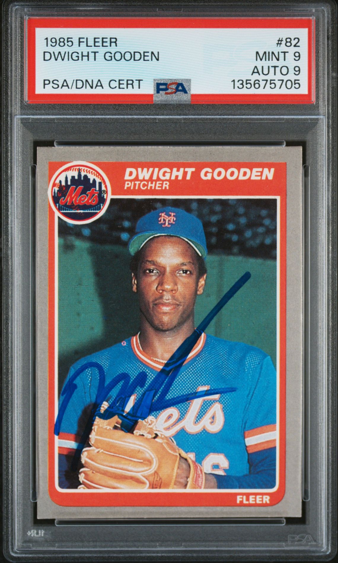 Dwight Gooden 1985 Fleer Signed Baseball Rookie Card #82 Graded PSA 9 Auto 9 Cert #135675705