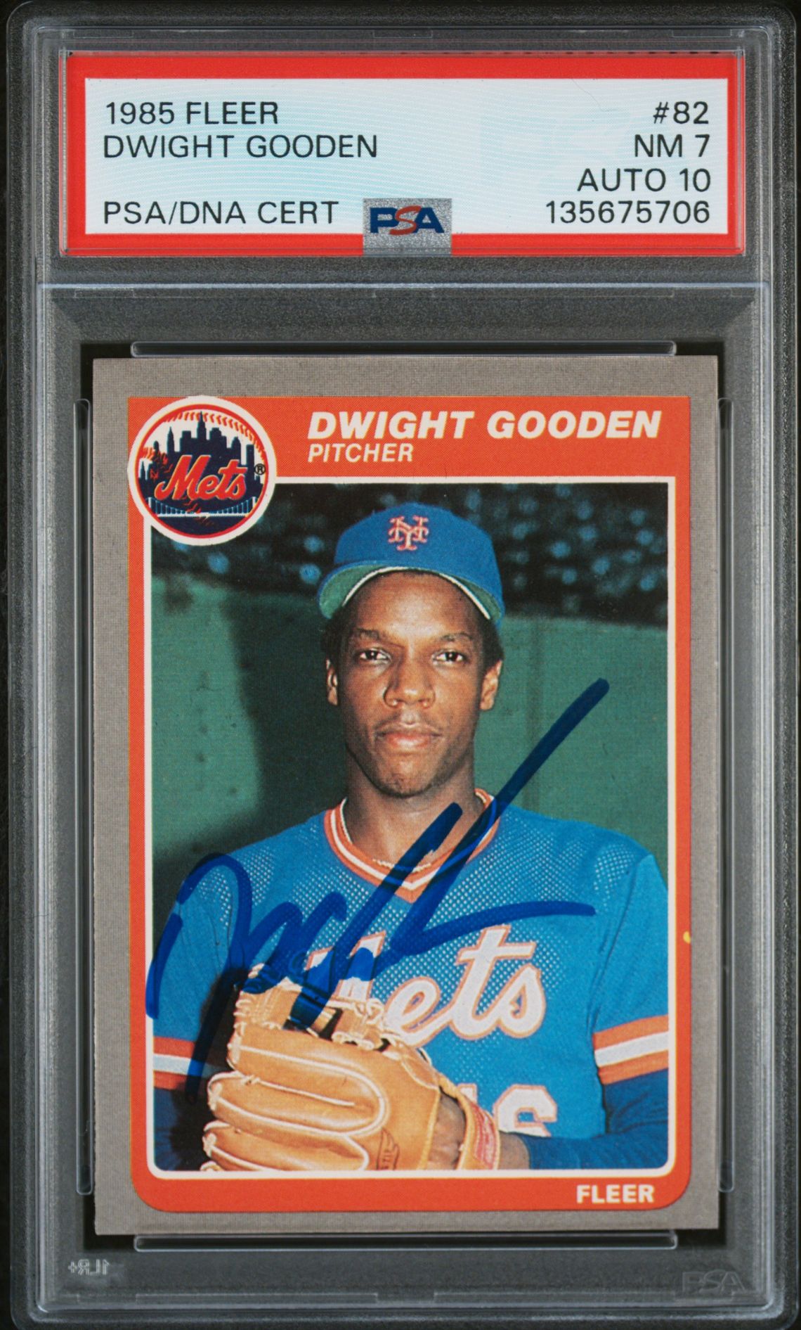 Dwight Gooden 1985 Fleer Signed Baseball Rookie Card #82 Graded PSA 7 Auto 10 Cert #135675706