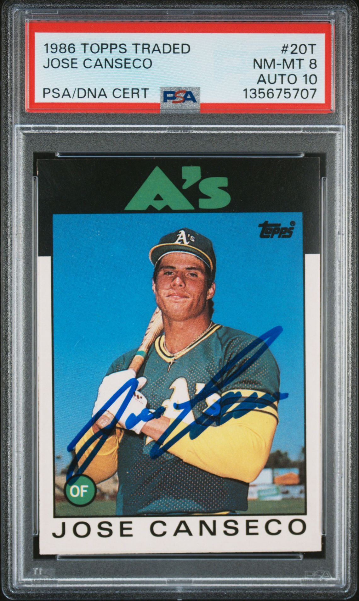 Jose Canseco 1986 Topps Traded Signed Baseball Rookie Card #20T Graded PSA 8 Auto 10 Cert #135675707