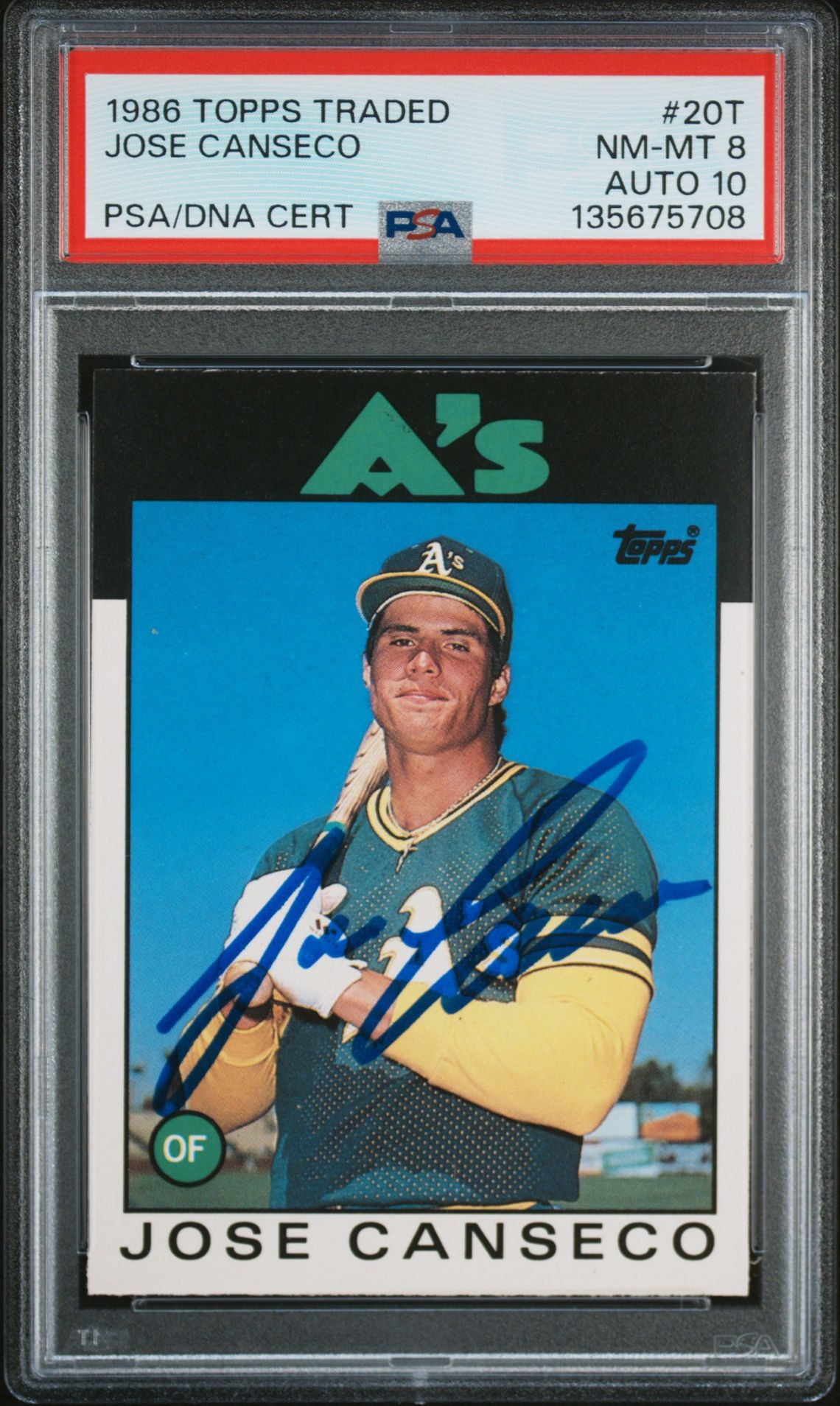 Jose Canseco 1986 Topps Traded Signed Baseball Rookie Card #20T Graded PSA 8 Auto 10 Cert #135675708