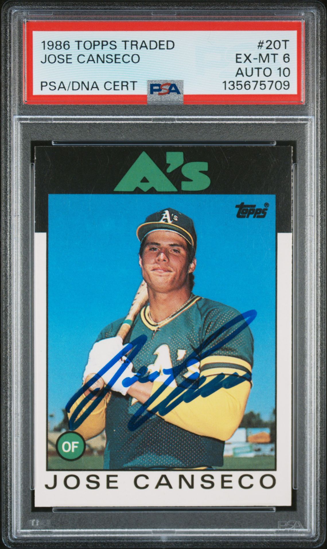 Jose Canseco 1986 Topps Traded Signed Baseball Rookie Card #20T Graded PSA 6 Auto 10 Cert #135675709