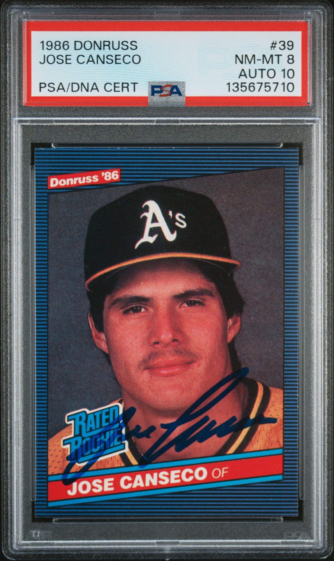 Jose Canseco 1986 Donruss Signed Baseball Rookie Card #39 Graded PSA 8 Auto 10 Cert #135675710