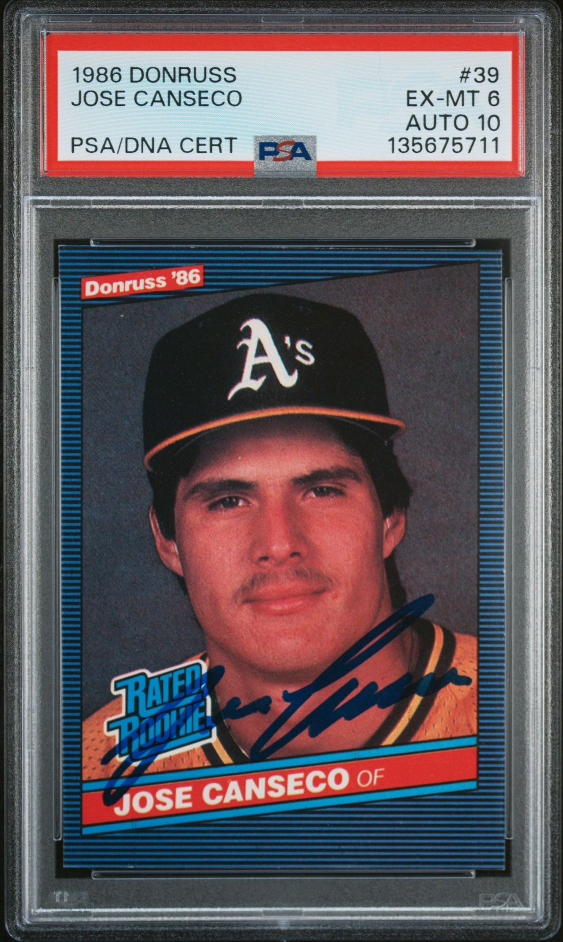 Jose Canseco 1986 Donruss Signed Baseball Rookie Card #39 Graded PSA 6 Auto 10 Cert #135675711