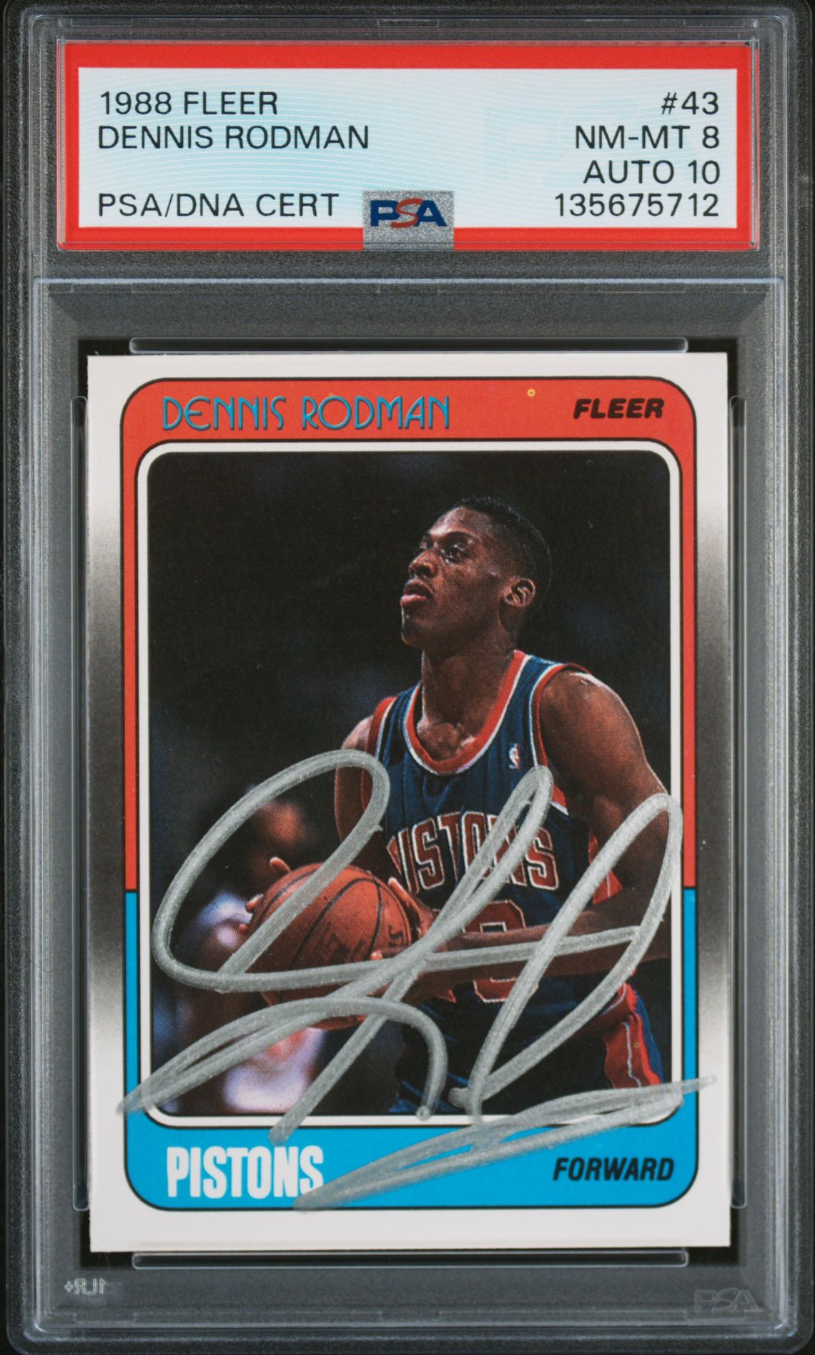 Dennis Rodman 1988 Fleer Signed Basketball Rookie Card #43 Graded PSA 8 Auto 10 Cert #135675712