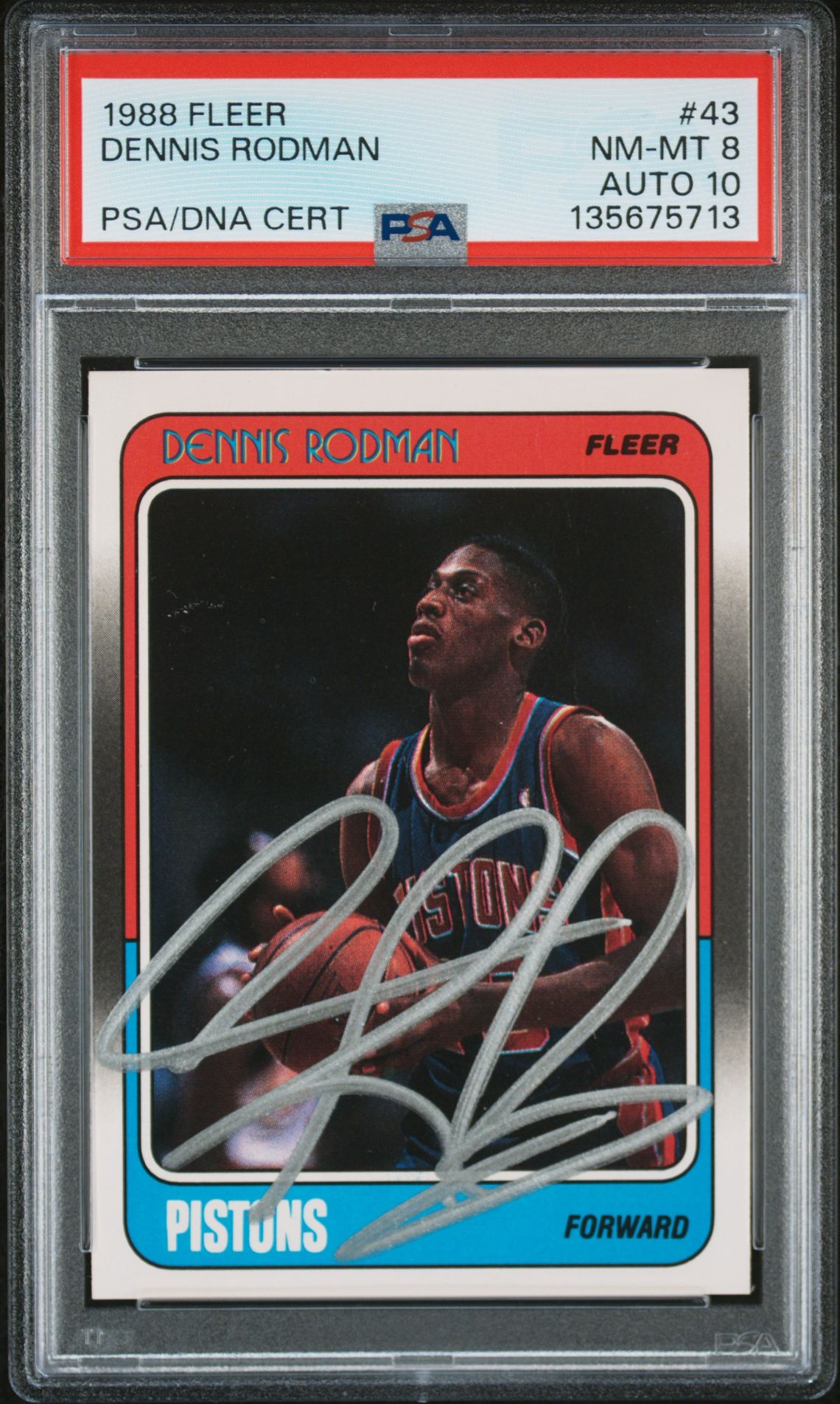 Dennis Rodman 1988 Fleer Signed Basketball Rookie Card #43 Graded PSA 8 Auto 10 Cert #135675713