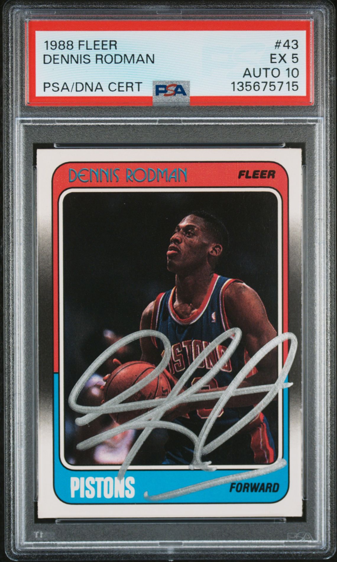 Dennis Rodman 1988 Fleer Signed Basketball Rookie Card #43 Graded PSA 5 Auto 10 Cert #135675715