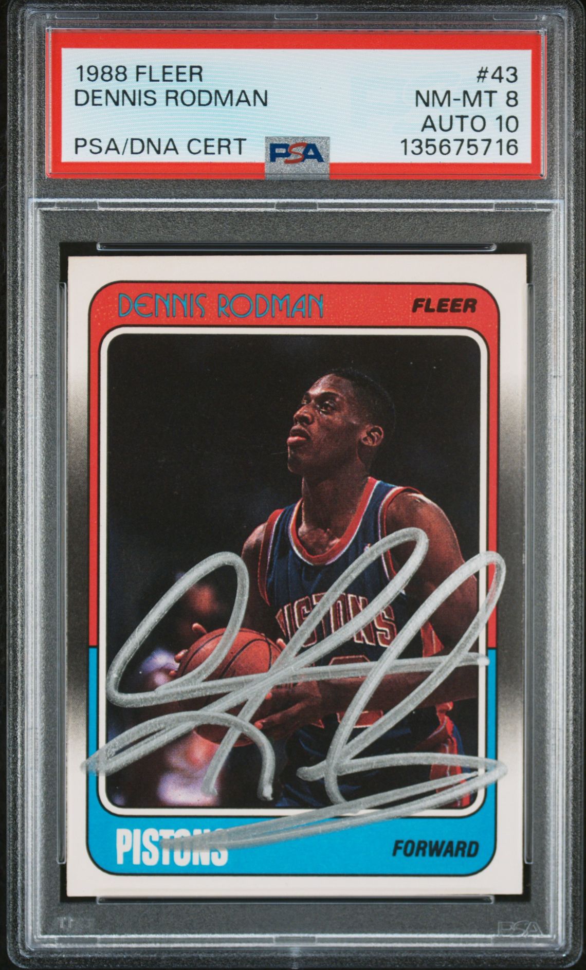 Dennis Rodman 1988 Fleer Signed Basketball Rookie Card #43 Graded PSA 8 Auto 10 Cert #135675716