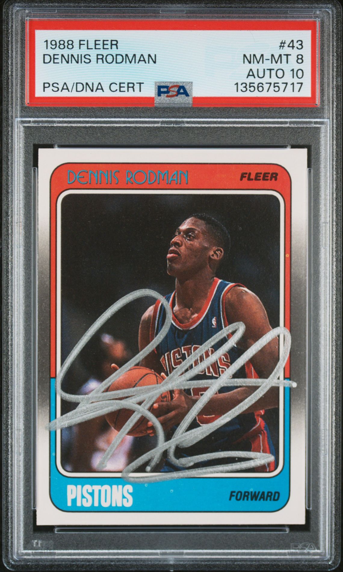 Dennis Rodman 1988 Fleer Signed Basketball Rookie Card #43 Graded PSA 8 Auto 10 Cert #135675717