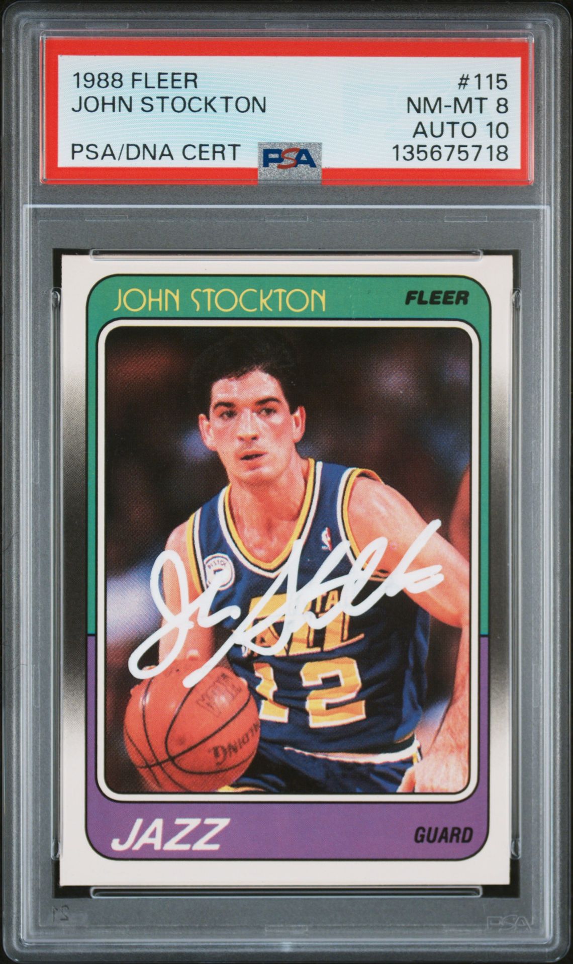 John Stockton 1988 Fleer Signed Basketball Rookie Card #115 Graded PSA 8 Auto 10 Cert #135675718