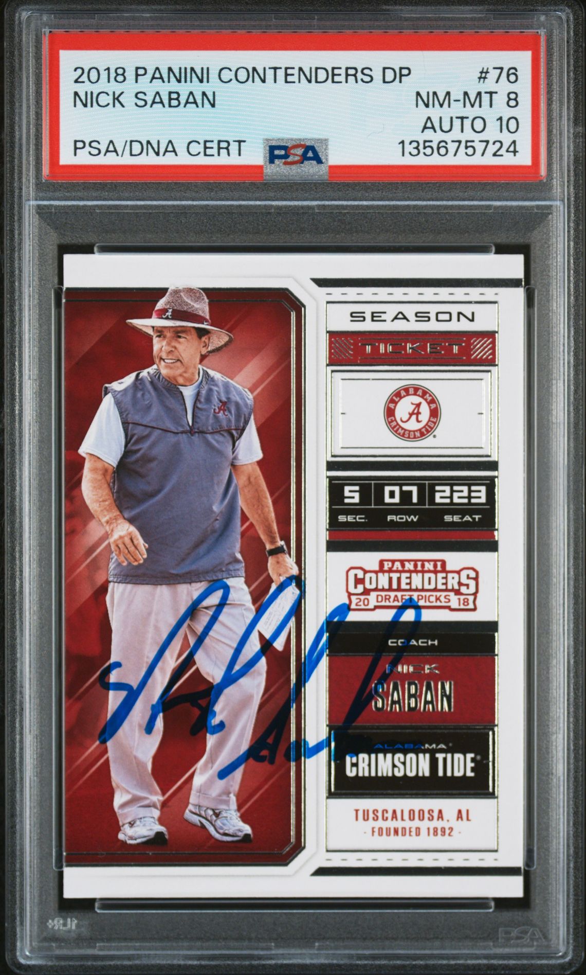 Nick Saban 2018 Panini Contenders Draft Picks Signed Football Card #76 Graded PSA 8 Auto 10 Cert #135675724