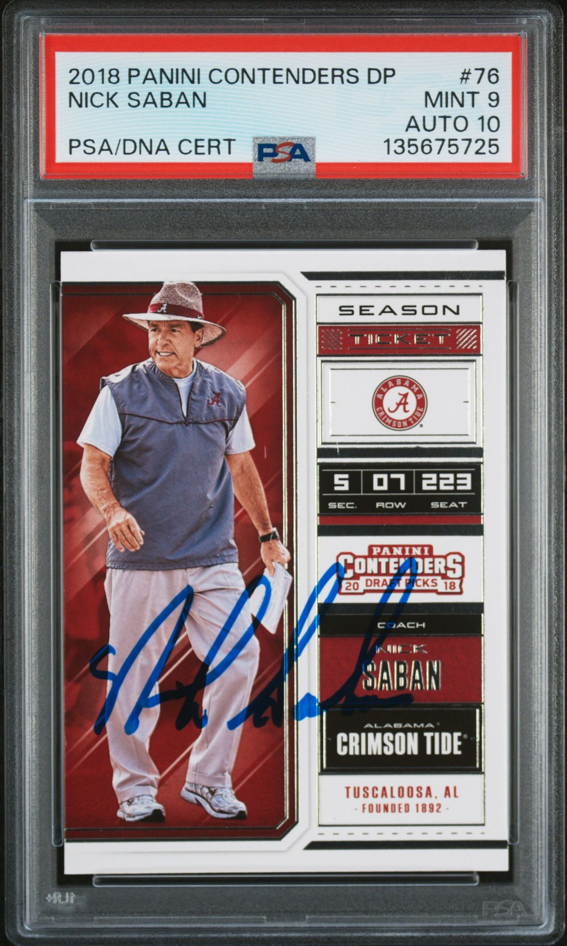 Nick Saban 2018 Panini Contenders Draft Picks Signed Football Card #76 Graded PSA 9 Auto 10 Cert #135675725