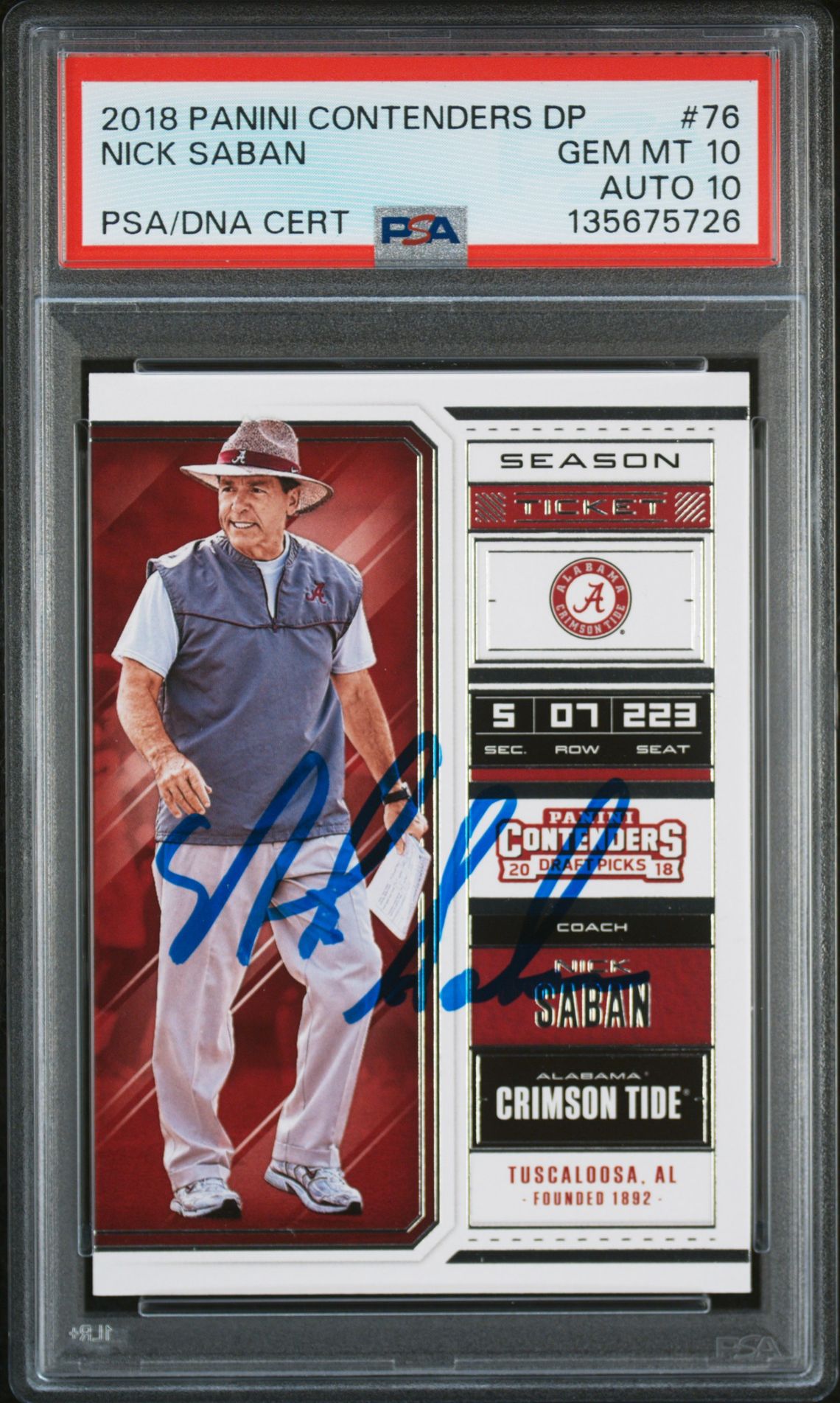 Nick Saban 2018 Panini Contenders Draft Picks Signed Football Card #76 Graded PSA 10 Auto 10 Cert #135675726