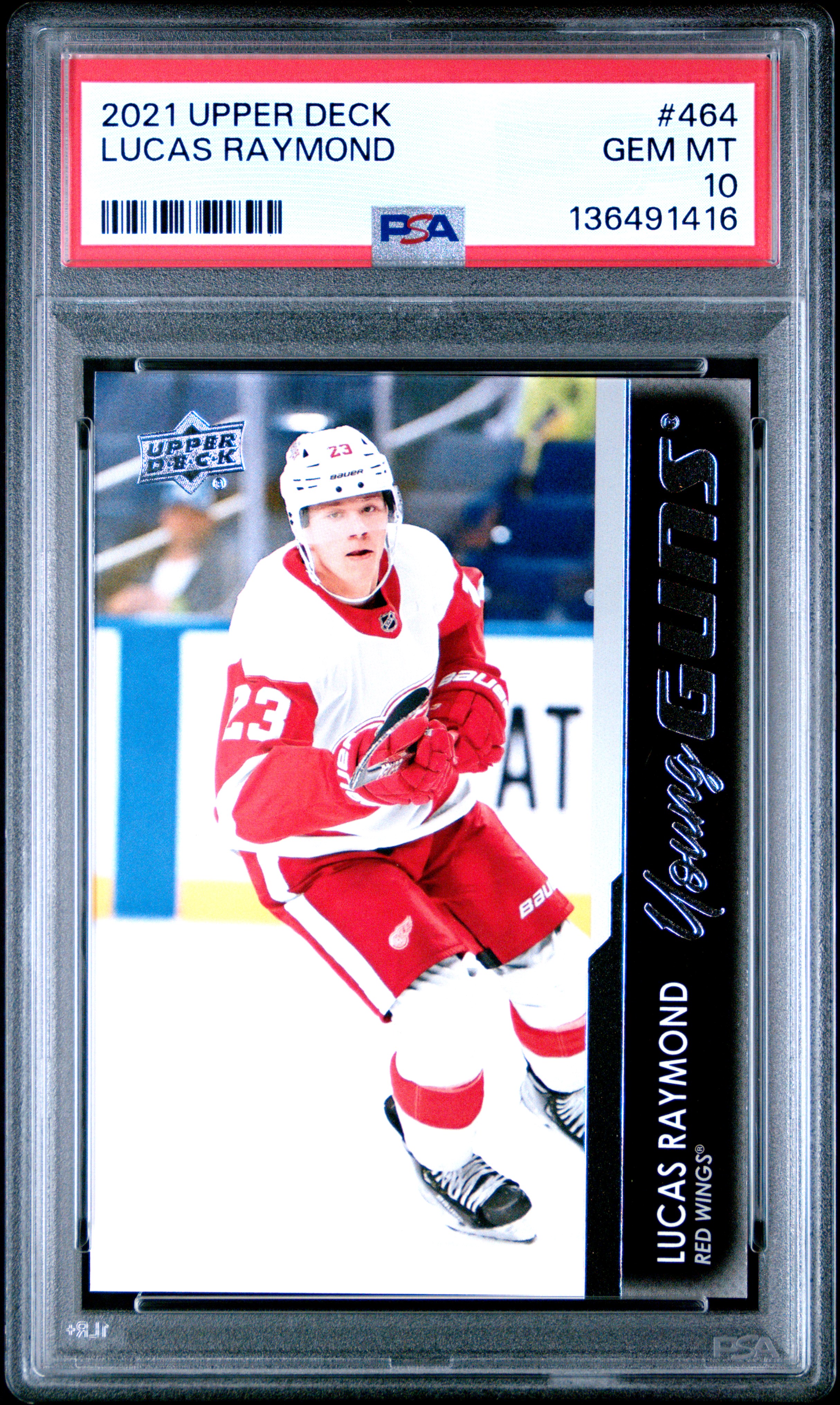 Lucas Raymond 2021 Upper Deck Young Guns Rookie Detroit Red Wings Hockey RC Card #464 Graded PSA 10 Cert #136491416