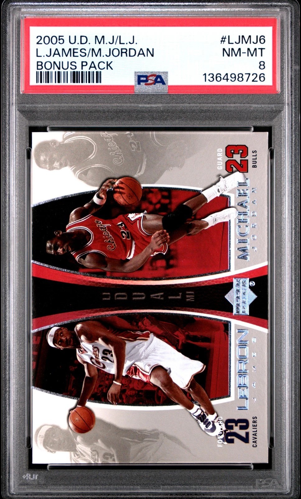 LeBron James & Michael Jordan 2005 Upper Deck Bonus Pack Basketball Card #LJMJ6 Graded PSA 8 Cert #136498726
