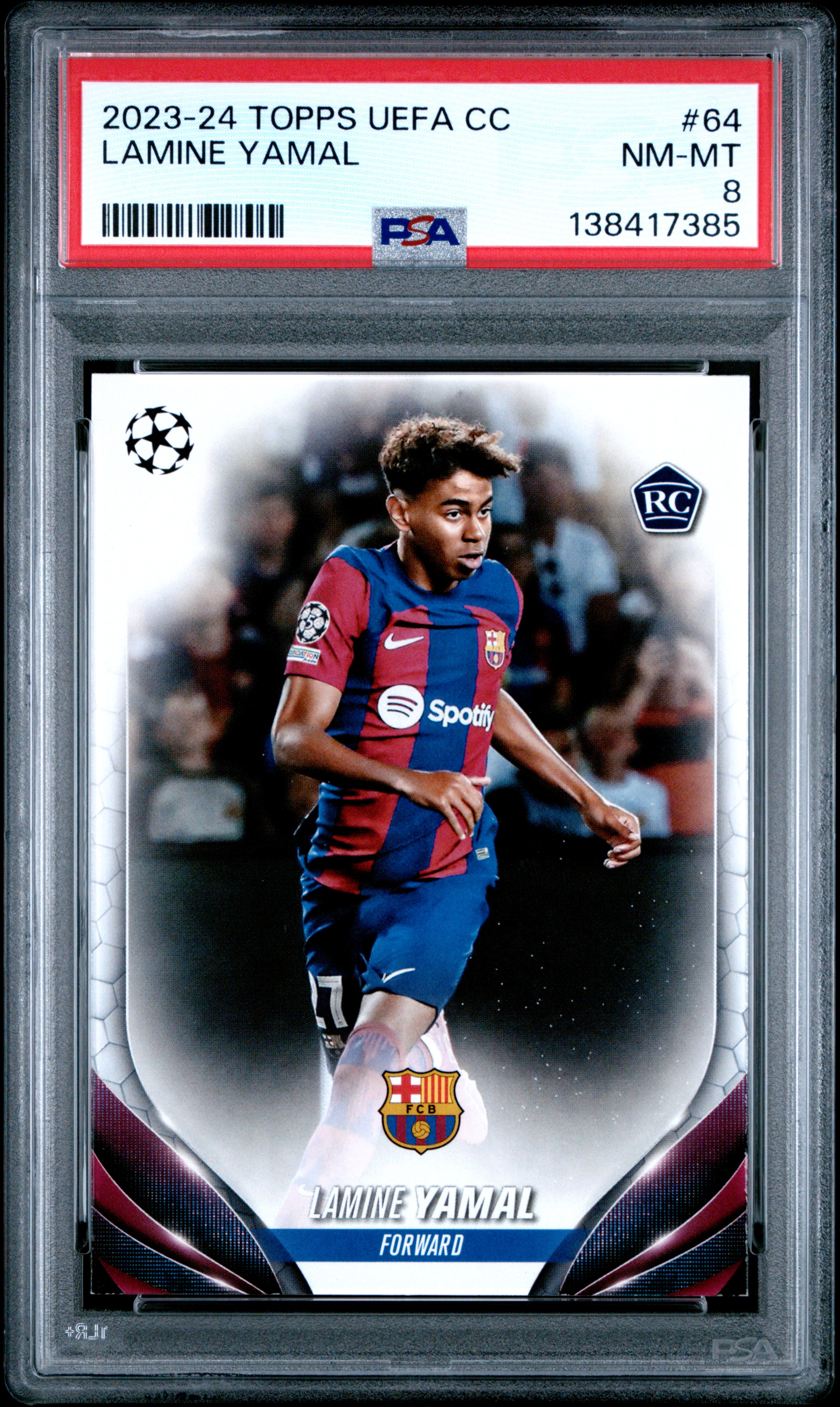 Lamine Yamal 2023-24 Topps UEFA Champions League Soccer RC Rookie Card #64 Graded PSA 8 Cert #138417385 Lamine Yamal 2023-24 Topps UEFA Champions League Soccer RC Rookie Card #64 Graded PSA 8 Cert #138417385