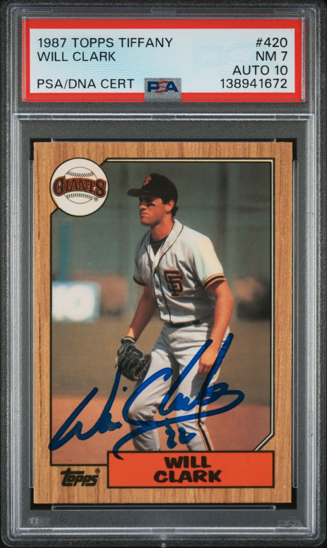 Will Clark 1987 Topps Tiffany San Francisco Giants Signed Baseball RC Rookie Card #420 PSA 7 Auto 10 Cert #138941672