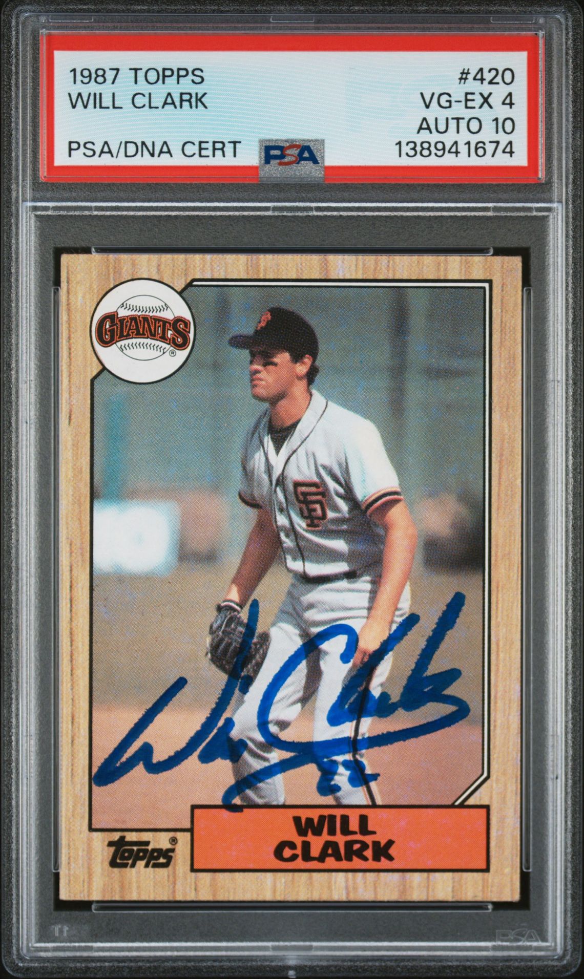 Will Clark 1987 Topps San Francisco Giants Signed Baseball RC Rookie Card #420 PSA 4 Auto 10 Cert #138941674